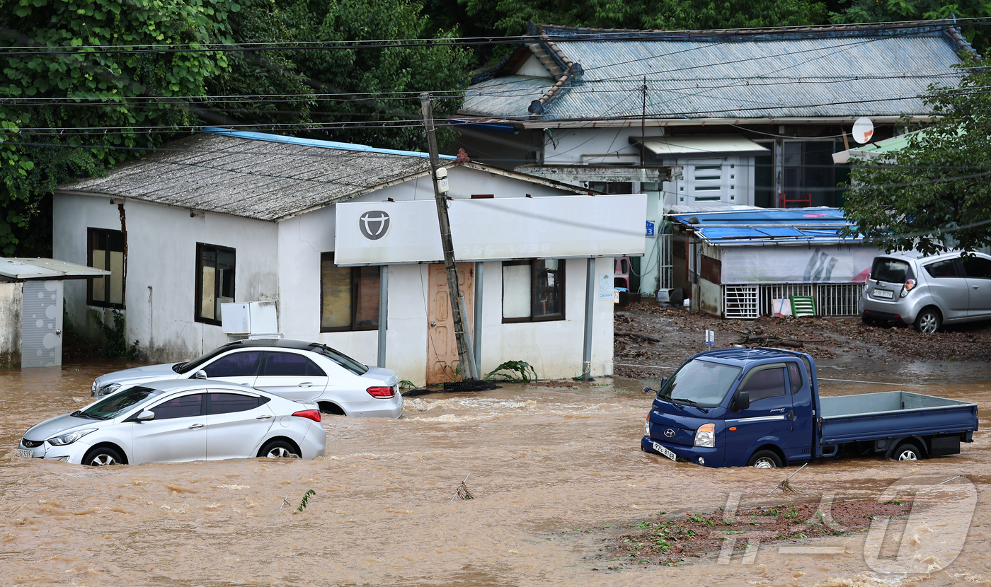 (당진=뉴스1) 김도우 기자 = 충청권을 중심으로 호우특보가 내려진 17일 충남 당진시 행정동 일대가 역천 범람으로 침수돼 있다. 2025.7.17/뉴스1