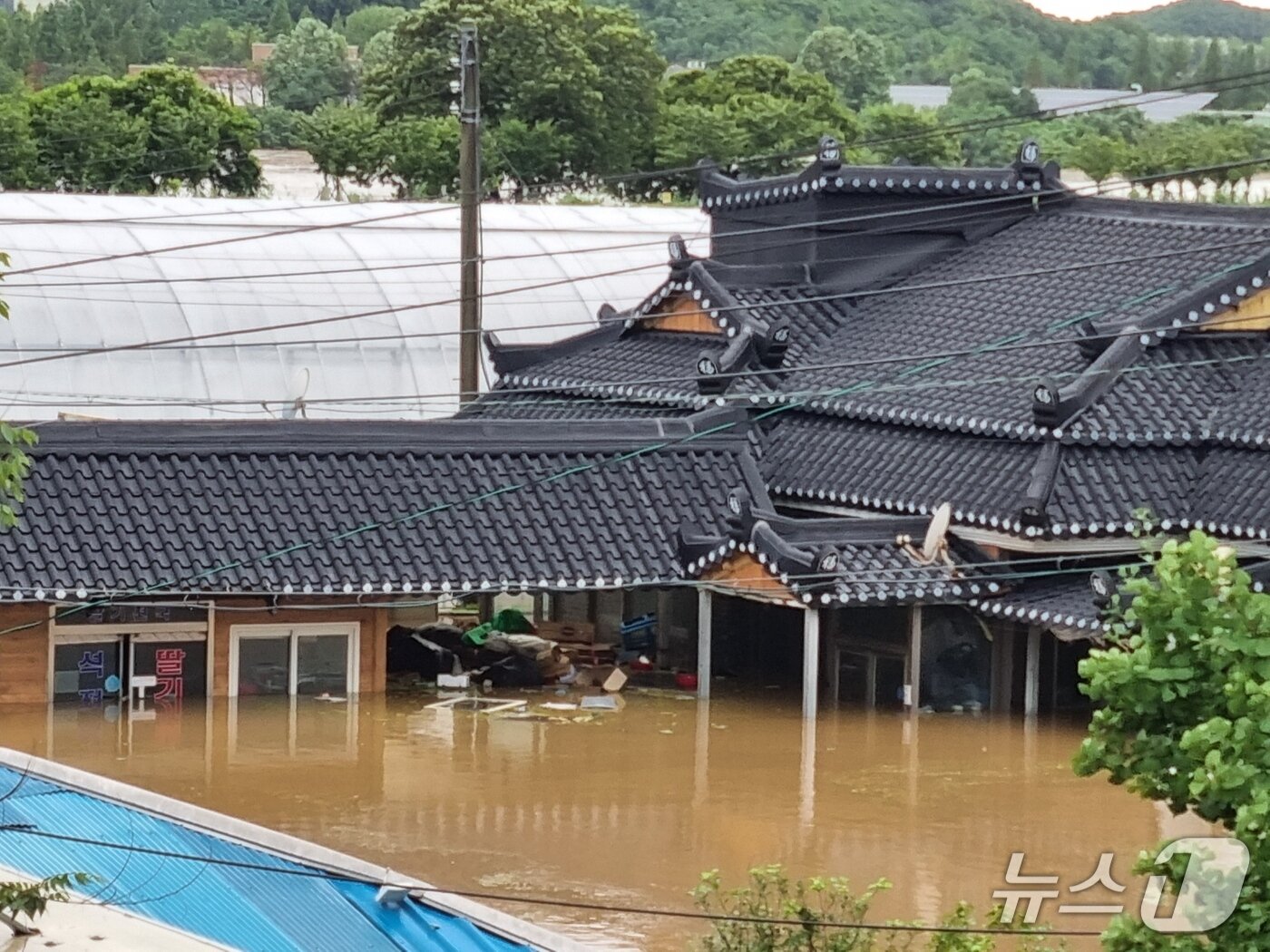 본문 이미지 - 아산 염치읍 석정리의 한 마을이 밤새 내린 폭우로 침수됐다. (독자제공)