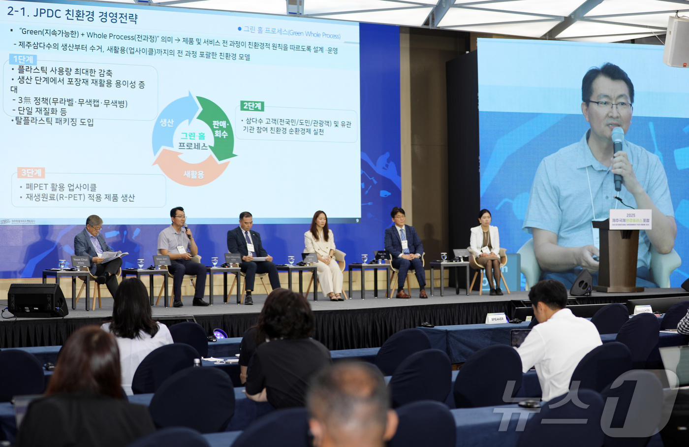 (서귀포=뉴스1) 오미란 기자 = 고원준 제주특별자치도개발공사(JPDC) 상품개발팀장이 17일 오후 제주국제컨벤션센터 한라홀에서 열린 '2025 제주국제환경플러스포럼' 기업 세션에 …