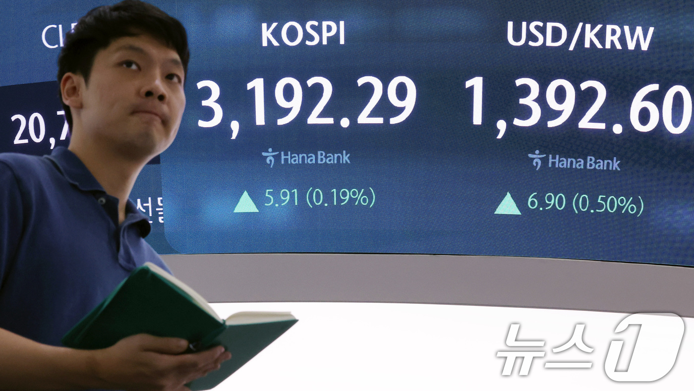 (서울=뉴스1) 이동해 기자 = 17일 오후 서울 중구 하나은행 본점 딜링룸 전광판에 코스피 종가가 표시되고 있다.이날 코스피는 전 거래일 대비 5.91포인트(0.19%) 오른 3 …