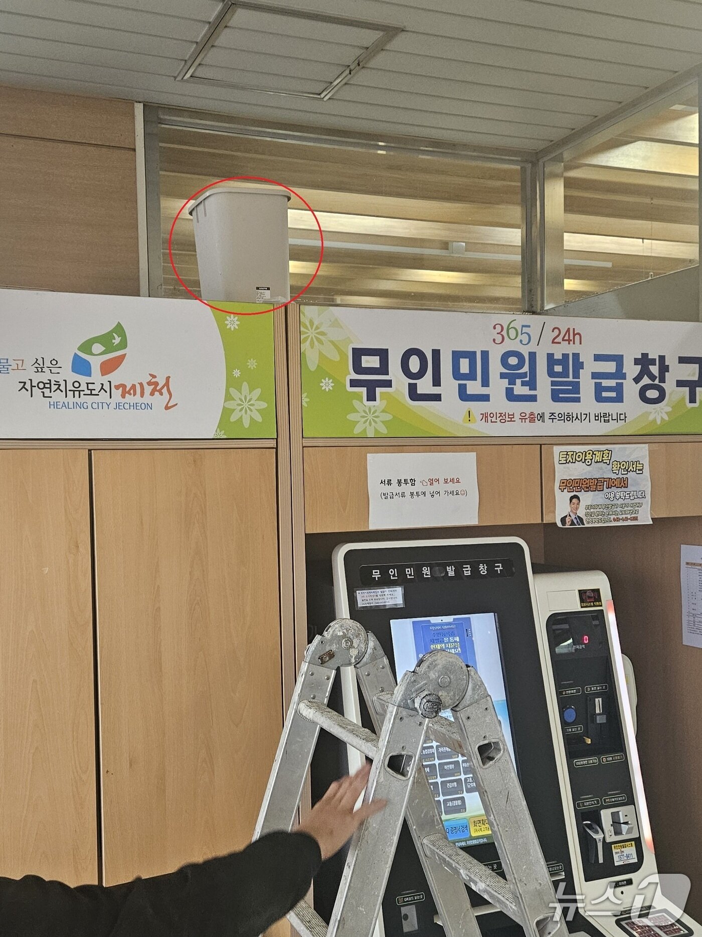 본문 이미지 - 17일 제천시청 1층 민원실 천장에서 빗물(빨간 원)이 새고 있다.2025.7.17./뉴스1 ⓒ News1 손도언 기자   