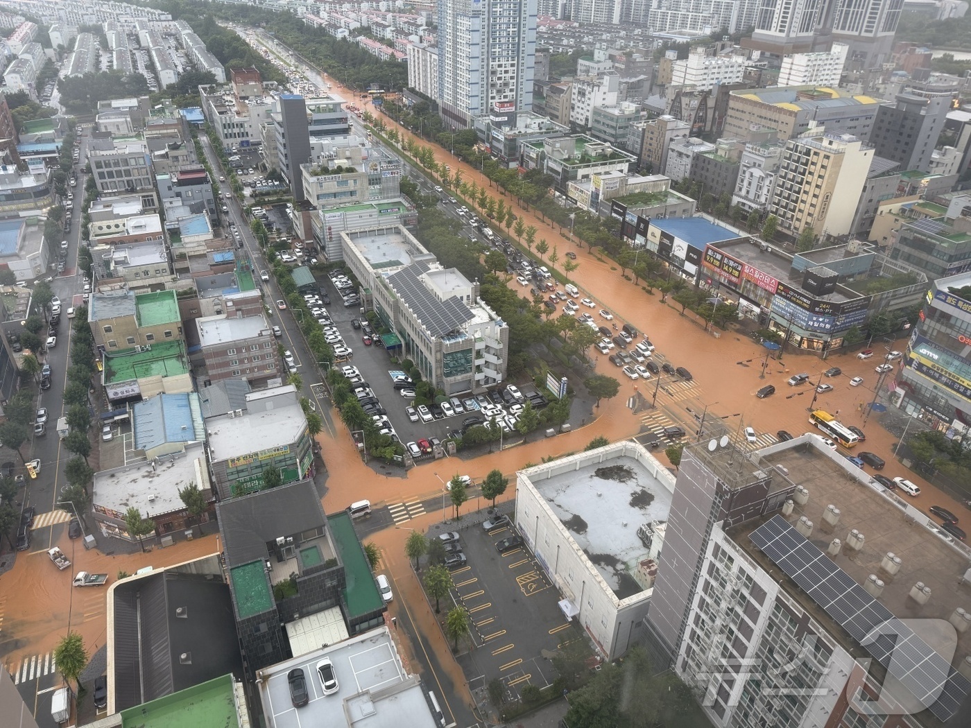 (광주=뉴스1) 최성국 기자 = 시간당 최대 80㎜의 폭우가 쏟아지고 있는 17일 광주 광산구 첨단 사거리 도로 전역이 침수돼 있다.(독자 제공. 재판매 및 DB 금지) 2025. …