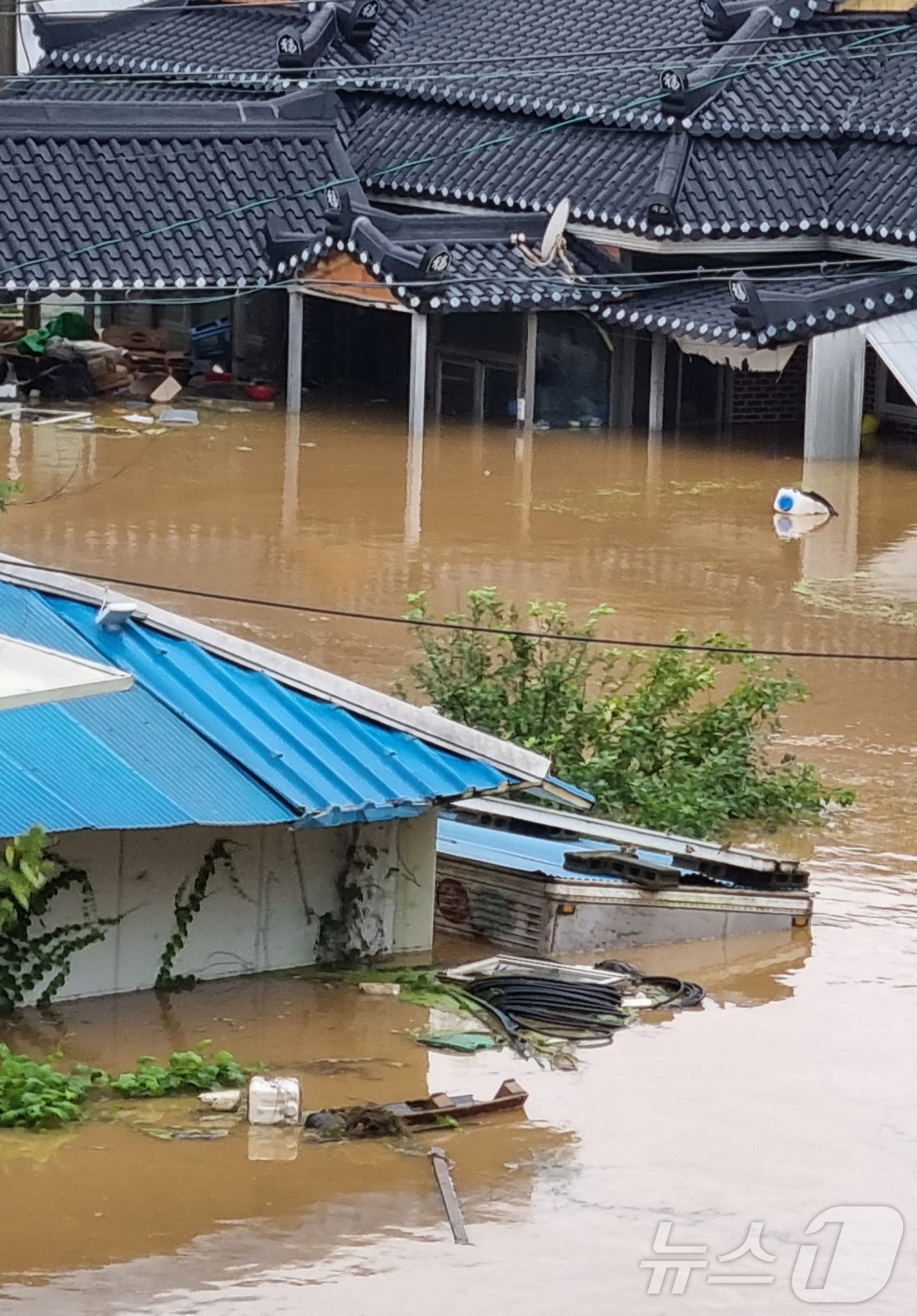 (아신=뉴스1) 이시우 기자 = 밤사이 쏟아진 집중폭우로 침수 피해가 발생한 17일 충남 아산시 염치읍 석정리 일원 마을 곳곳이 침수됐다. (황재만 전 아산시 의원 제공. 재판매 …