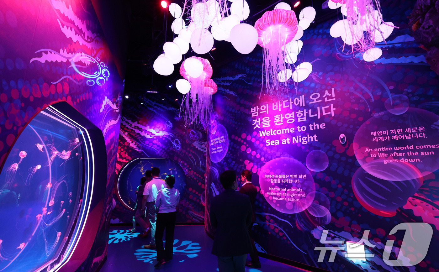 (서울=뉴스1) 박지혜 기자 = 17일 서울 강남구 코엑스 아쿠아리움에서 열린 씨 앳 나이트(Sea at Night) 프리뷰 행사에서 참석자들이 신규 테마존을 둘러보고 있다. 20 …