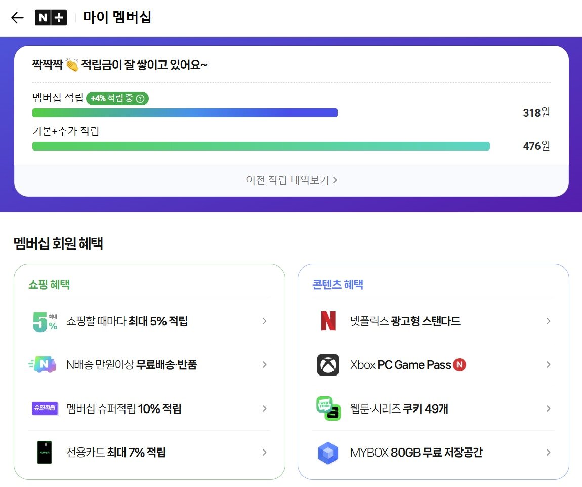 본문 이미지 - 네이버플러스 멤버십이 쇼핑과 콘텐츠 카테고리에서 제공하는 혜택 &#40;네이버플러스 멤버십 페이지 캡처&#41;
