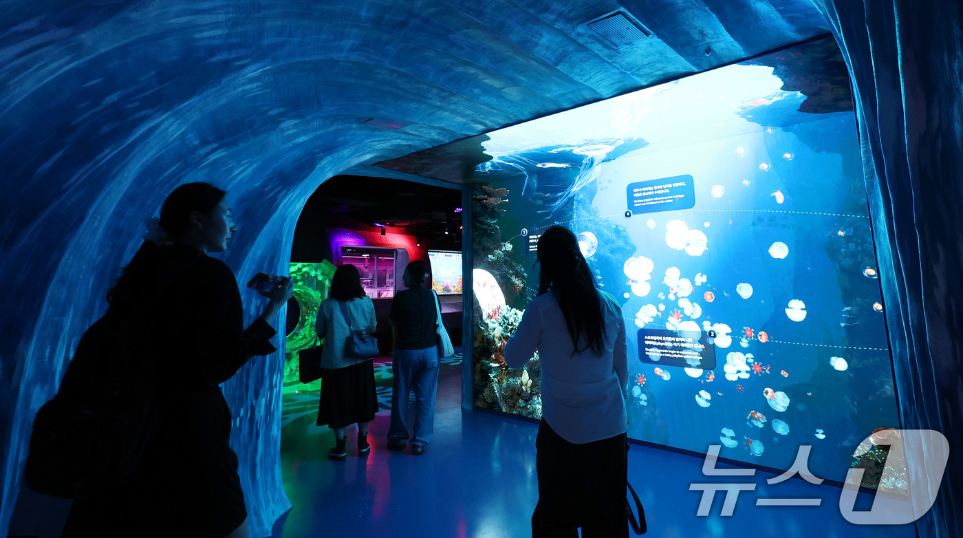 (서울=뉴스1) 박지혜 기자 = 17일 서울 강남구 코엑스 아쿠아리움에서 열린 별빛 바다(Sea at Night) 프리뷰 행사에서 참석자들이 신규 테마존을 둘러보고 있다.서울 대표 …