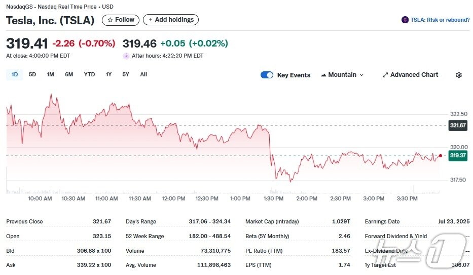 본문 이미지 - 테슬라 일일 주가추이 - 야후 파이낸스 갈무리