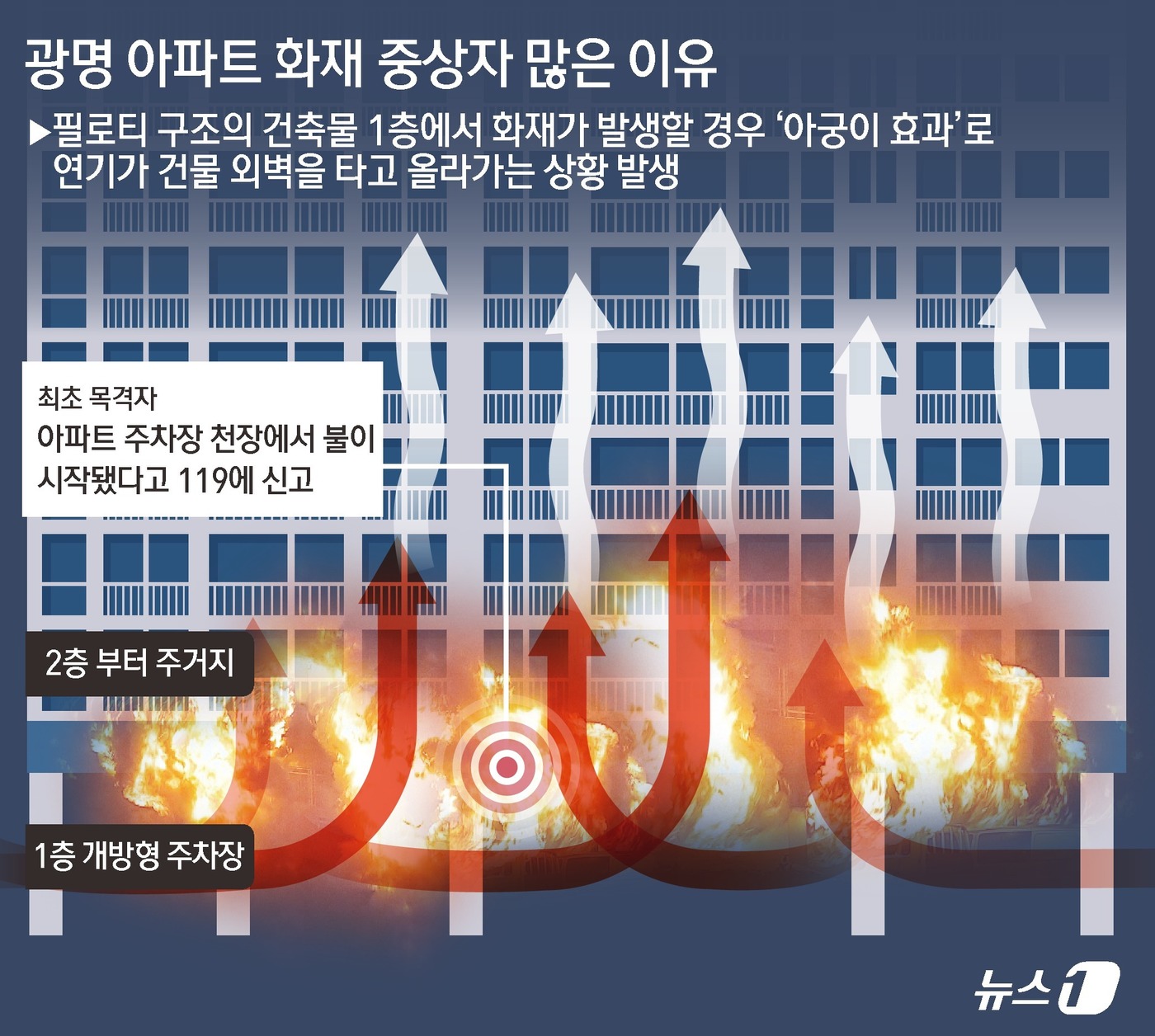 (서울=뉴스1) 김초희 디자이너 = 경기 광명지역의 아파트에서 발생한 화재로 다수의 부상자, 특히 중상자가 많은 이유는 화재가 발생한 건물이 '필로티 구조'이기 때문으로 분석된다. …