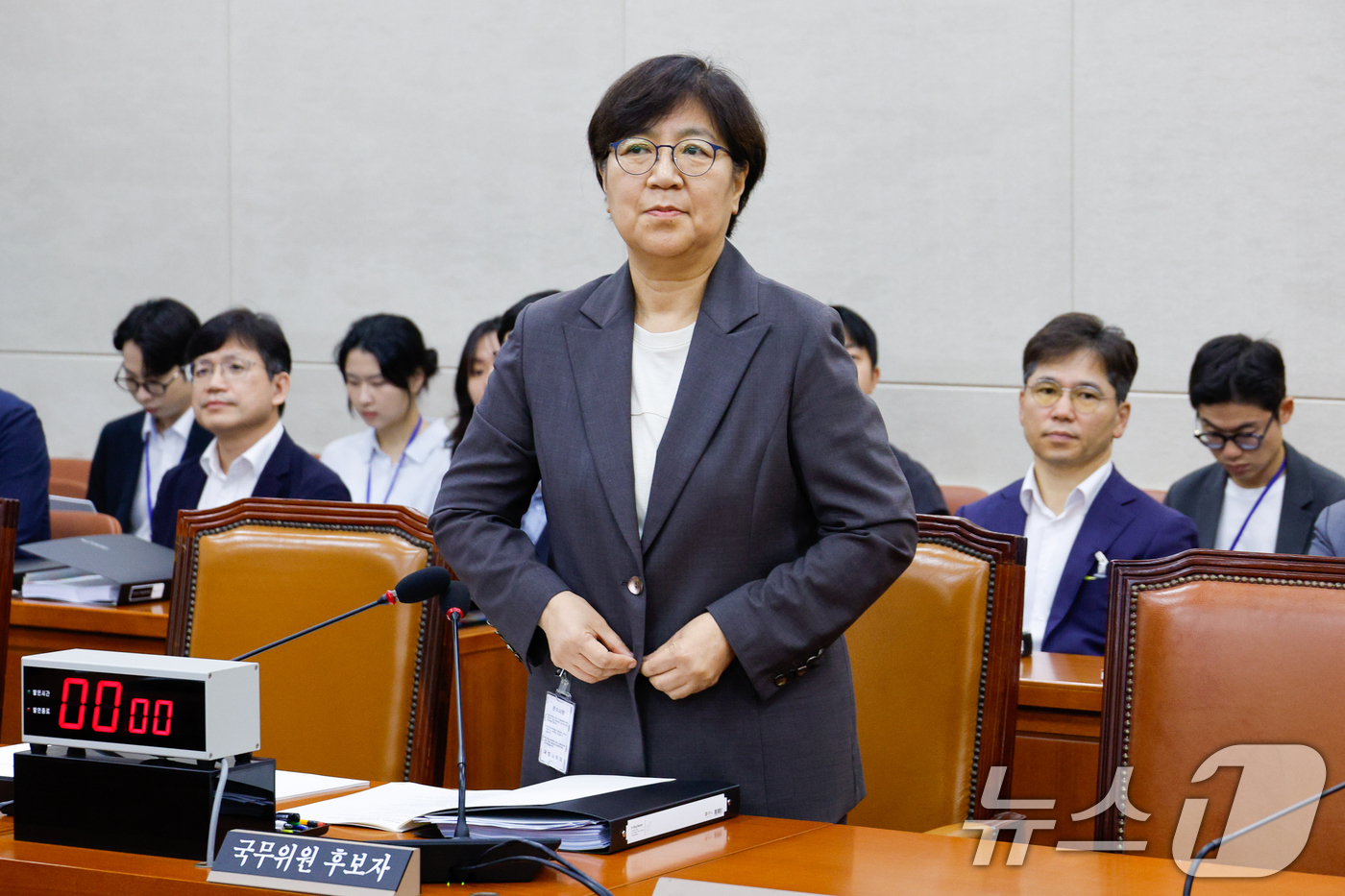 (서울=뉴스1) 안은나 기자 = 정은경 보건복지부 장관 후보자가 18일 오전 서울 여의도 국회 보건복지위원회에서 열린 인사청문회에 자리하고 있다. 2025.7.18/뉴스1