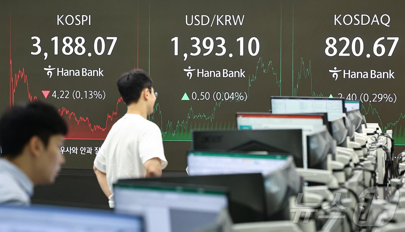 본문 이미지 - 서울 중구 하나은행 본점 딜링룸 전광판./뉴스1 ⓒ News1 김도우 기자