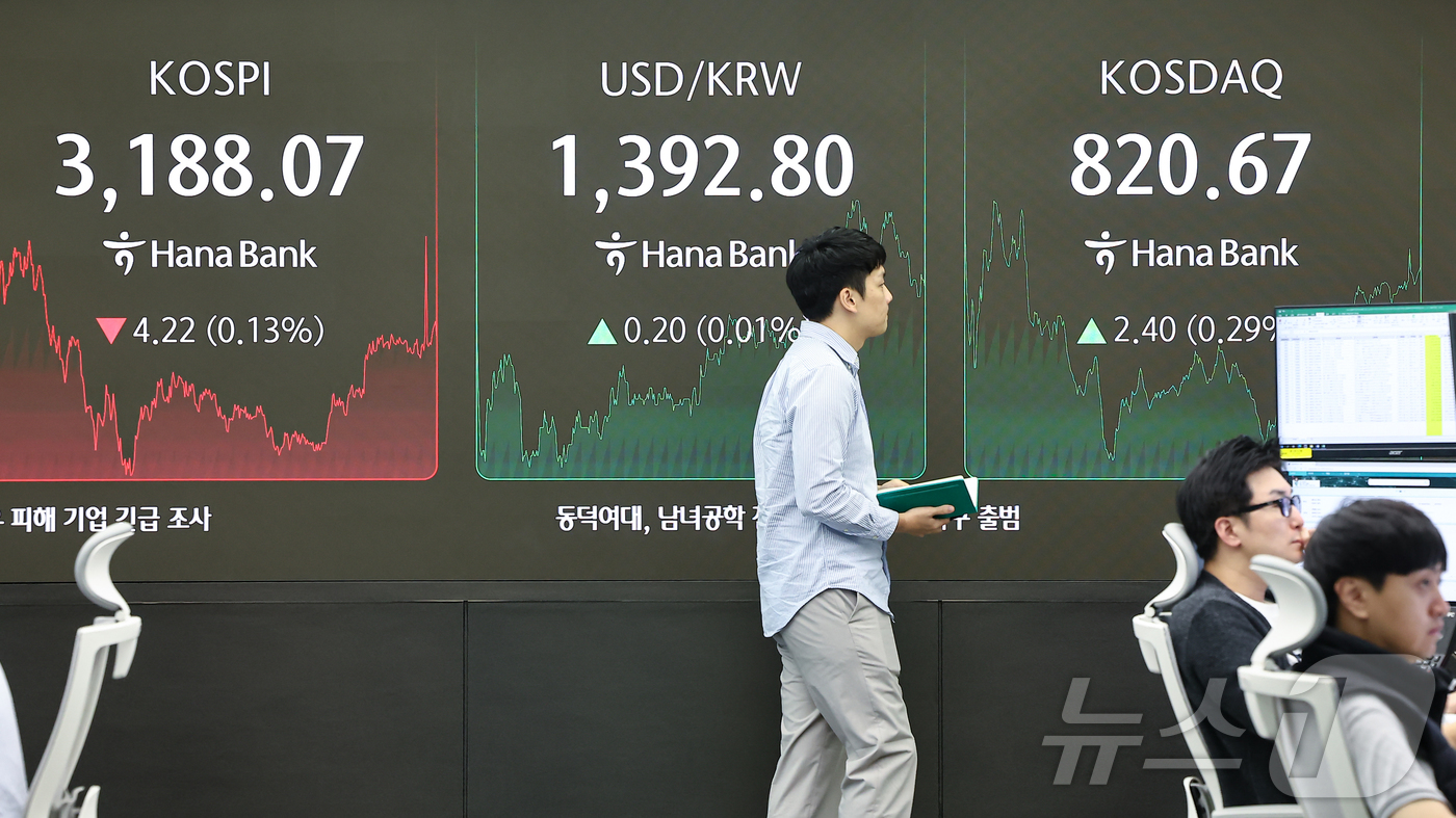 (서울=뉴스1) 김도우 기자 = 18일 오후 서울 중구 하나은행 본점 딜링룸 전광판에 종가가 표시되고 있다.이날 코스피는 전 거래일 대비 4.22포인트(0.13%) 하락한 3188 …