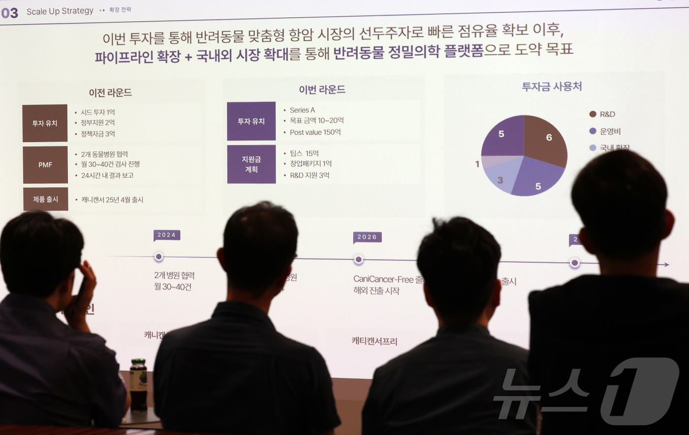 (성남=뉴스1) 오대일 기자 = 18일 경기 성남시 분당구 판교스타트업캠퍼스에서 열린 반려동물 산업 육성 협의회 제15회 IR데이에서 참석자들이 반려견 악성종양 치료 솔루션 기업 …