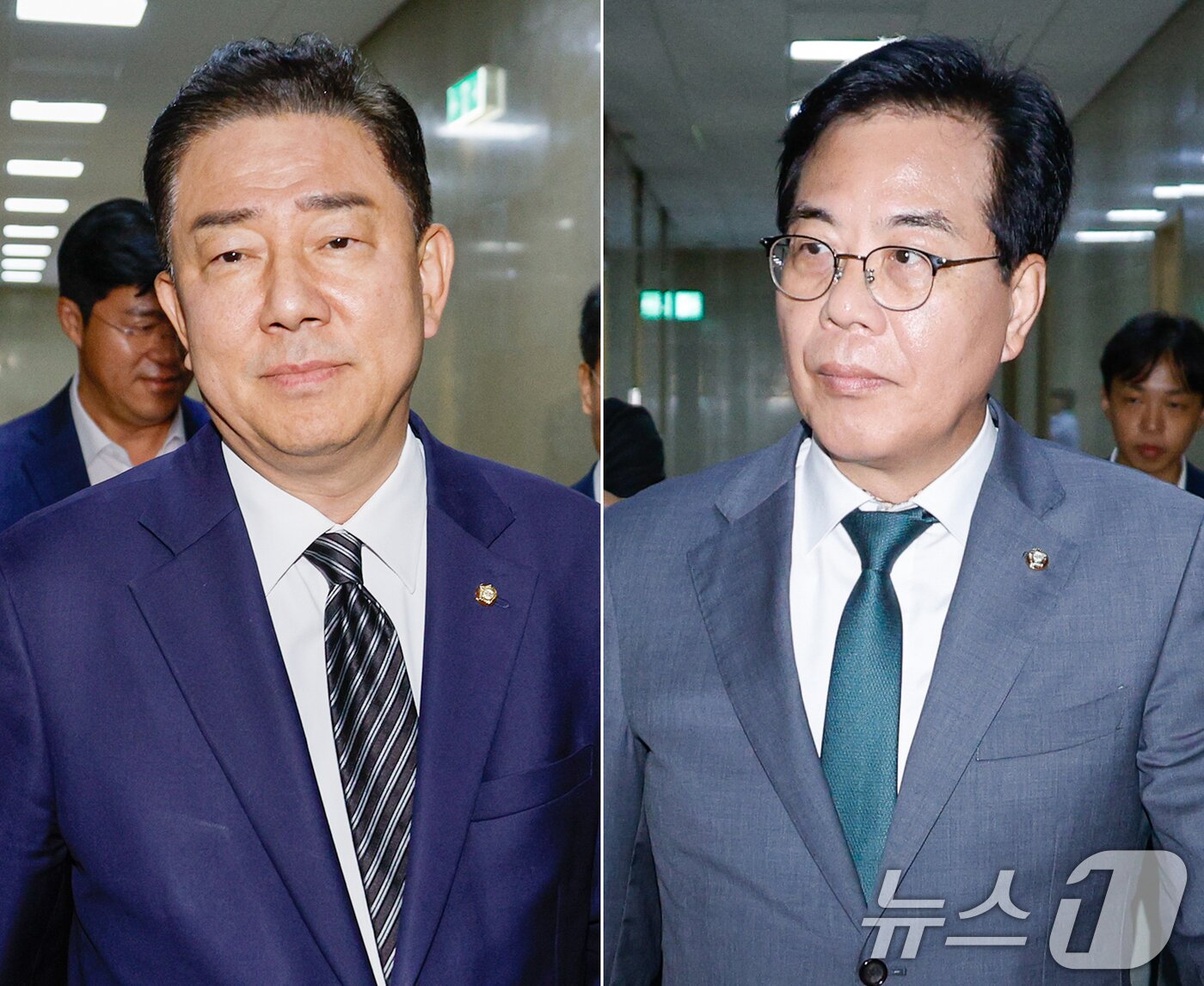 본문 이미지 - 김병기 더불어민주당 대표 직무대행 겸 원내대표&#40;왼쪽&#41;, 송언석 국민의힘 비상대책위원장 겸 원내대표가 18일 오후 장관 후보자들 청문보고서 채택 문제 논의 등으로 회동하기 위해 각각 국회 운영위원장실로 향하고 있다. 2025.7.18/뉴스1 ⓒ News1 안은나 기자