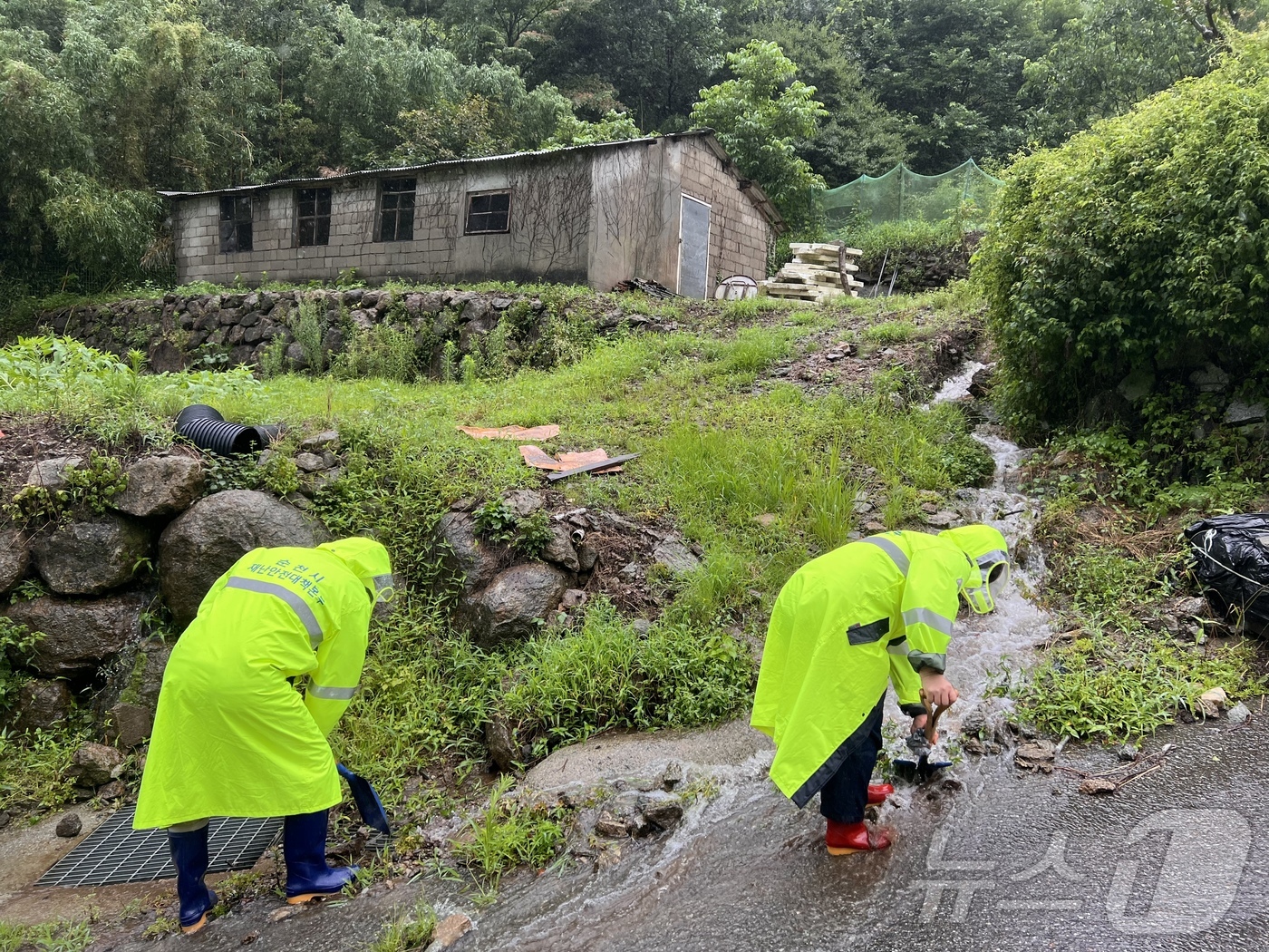 (순천=뉴스1) = 19일 오전 전남 순천시 도심 곳곳에서 관련 당국이 호우 피해 안전 조치를 하고 있다.(순천시 제공. 재판매 및 DB 금지) 2025.7.19/뉴스1