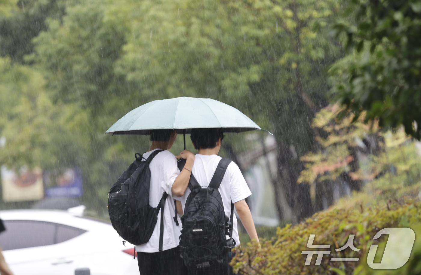 (광주=뉴스1) 김태성 기자 = 최근 광주·전남에 내린 물폭탄에 이어 19일 광주 서구 치평동에 다시 비가 내리자 시민들이 발걸음을 재촉하고 있다. 2025.7.19/뉴스1