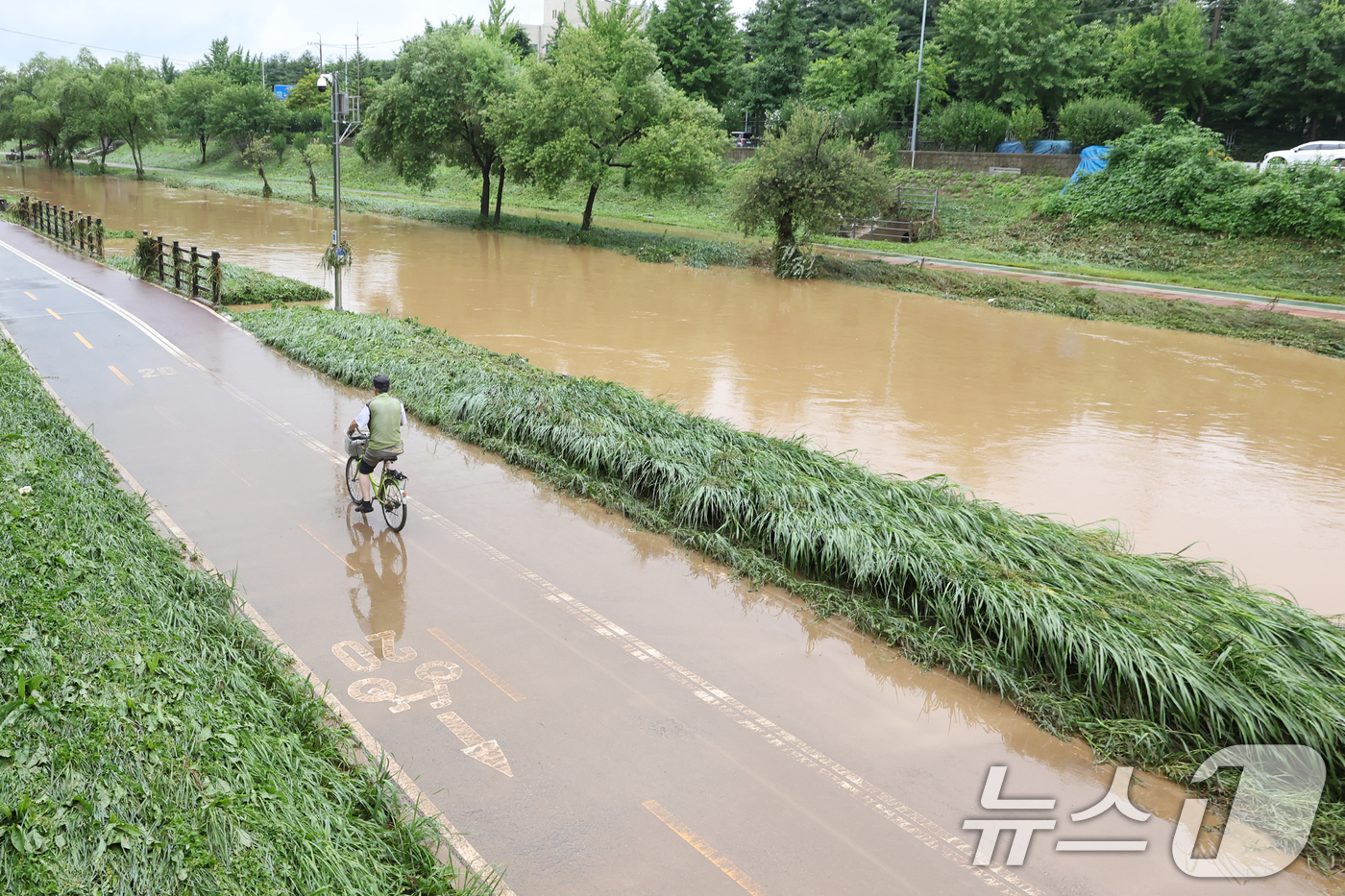 (광명=뉴스1) 민경석 기자 = 19일 경기 광명시 목감천이 밤사이 내린 집중호우로 한때 범람해 산책로 일대에 토사가 밀려든 흔적이 남아 있다. 2025.7.19/뉴스1