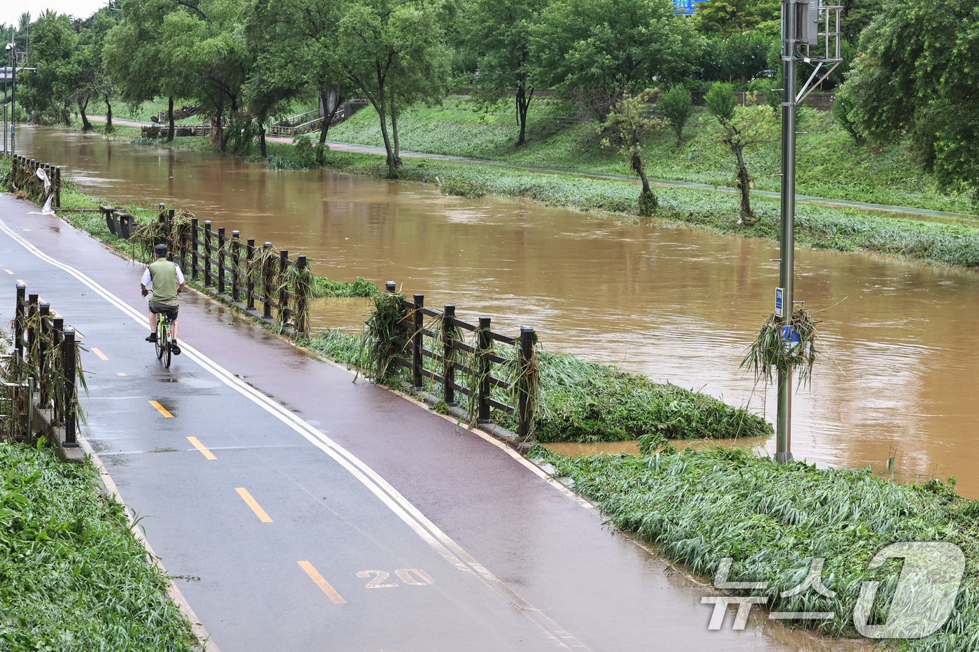 (광명=뉴스1) 민경석 기자 = 19일 경기 광명시 목감천이 밤사이 내린 집중호우로 한때 범람해 산책로 일대에 토사가 밀려든 흔적이 남아 있다. 2025.7.19/뉴스1