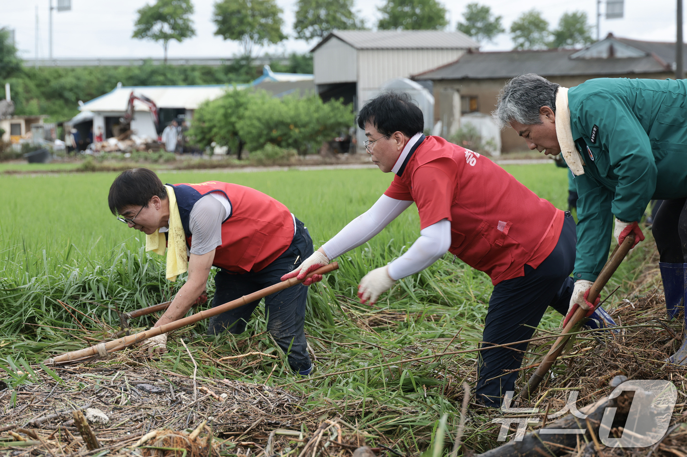 (서울=뉴스1) = 송언석 국민의힘 비상대책위원장을 비롯한 지도부가 19일 충남 지역 수해현장을 찾아 피해복구 작업을 돕고 있다.(국민의힘 제공. 재판매 및 DB금지) 2025.7 …