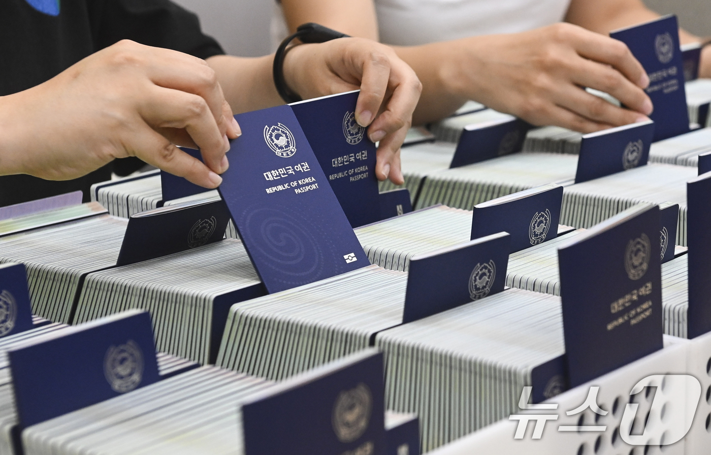 (수원=뉴스1) 김영운 기자 = 본격적인 여름 방학과 휴가철을 앞둔 2일 오후 경기 수원시 팔달구 수원시여권민원실에서 직원이 발급된 여권을 정리하고 있다. (공동취재) 2025.7 …