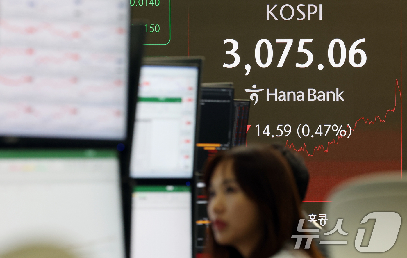 (서울=뉴스1) 김명섭 기자 = 2일 오후 서울 중구 하나은행 딜링룸에 코스피와 코스닥 종가와 환율이 표시되고 있다.이날 코스피는 전 거래일 대비 14.59P(0.47%) 내린 3 …
