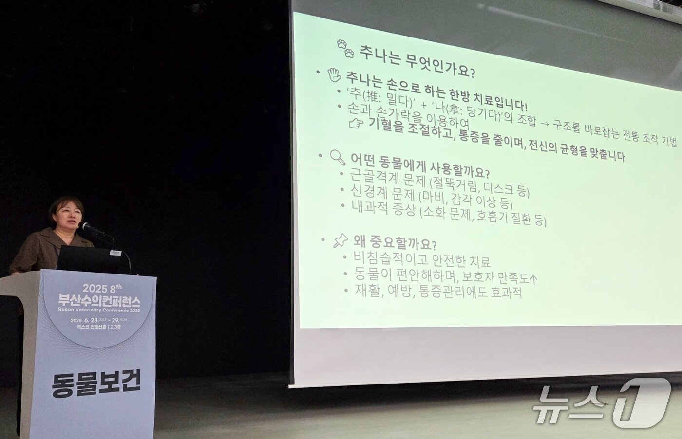 본문 이미지 - 신사경 수의사가 6월 29일 부산 벡스코에서 열린 &#39;부산수의컨퍼런스&#39;에서 동물보건 강의를 하고 있다. ⓒ 뉴스1