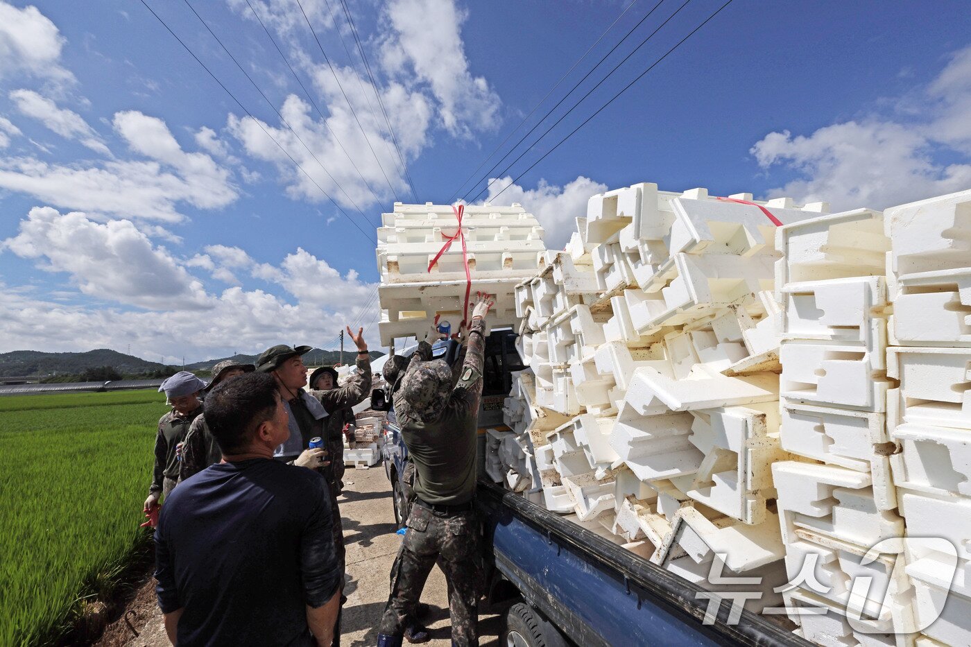 본문 이미지 - 21일 광주 북구 용강동의 한 딸기 집하장에서 군장병들이 집중호우로 피해 본 하우스의 스티로폼을 정리하고 있다. 2025.7.21/뉴스1 ⓒ News1 박지현 기자