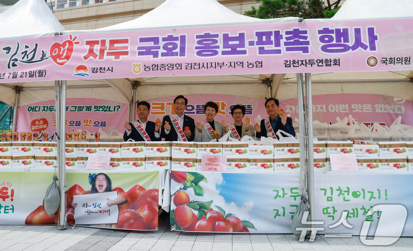 (서울=뉴스1) 안은나 기자 = 송언석 국민의힘 비상대책위원장 겸 원내대표가 21일 서울 여의도 국회 소통관 앞에서 마련된 김천 자두 홍보·판촉 행사장을 찾아 기념 촬영을 하고 있 …