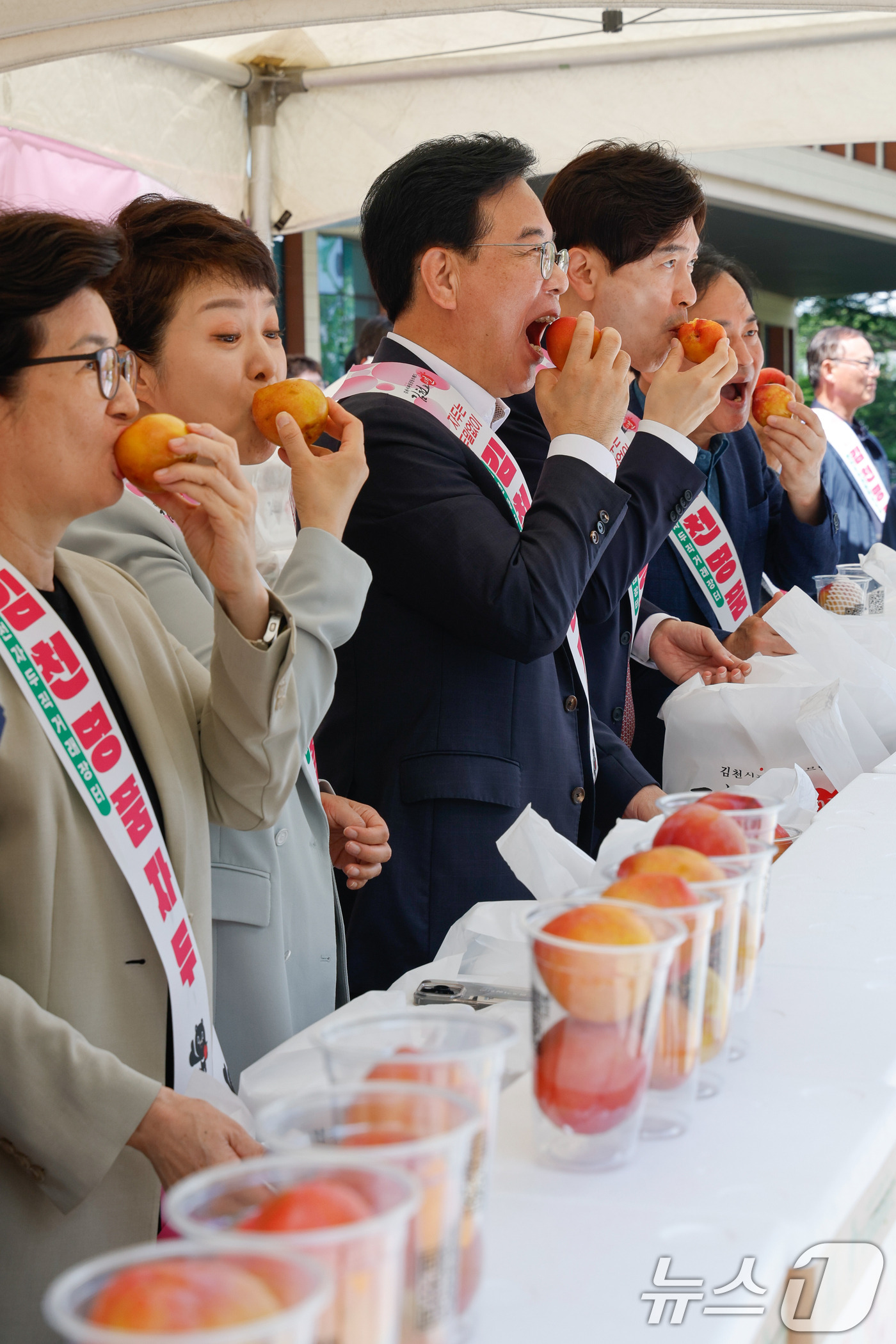 (서울=뉴스1) 안은나 기자 = 송언석 국민의힘 비상대책위원장 겸 원내대표가 21일 서울 여의도 국회 소통관 앞에서 마련된 김천 자두 홍보·판촉 행사장을 찾아 기념 촬영을 하고 있 …