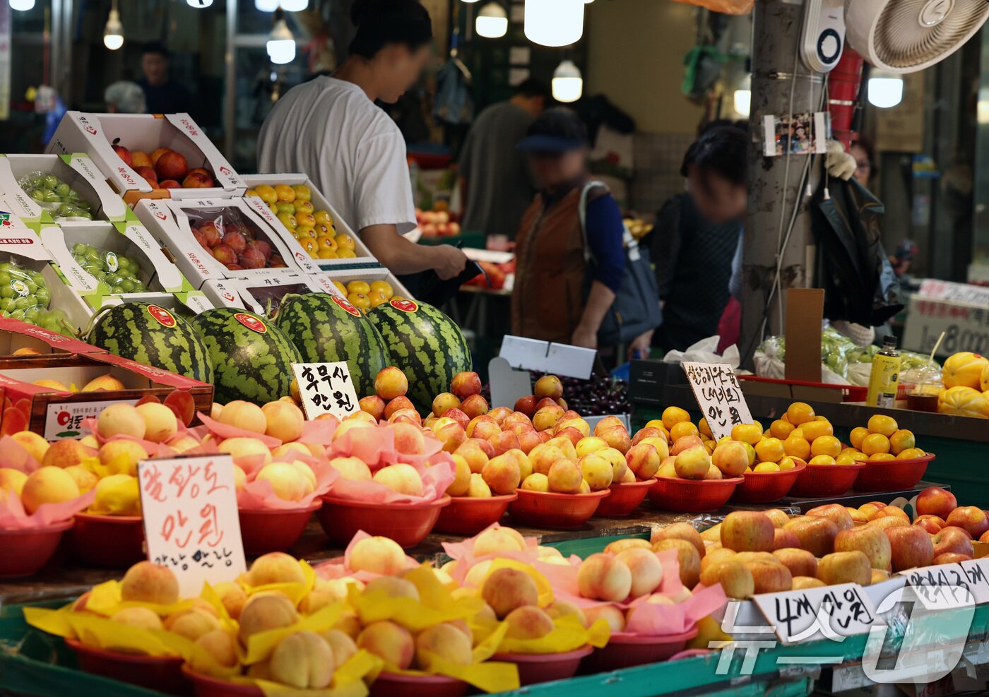본문 이미지 - 21일 서울의 한 전통시장에서 시민들이 장을 보고 있다. 역대급 폭우에 쌀, 수박, 고추, 깻잎 등 주요 농산물과 축산 농가가 일제히 침수 피해를 입었다. 전국적으로 서울 면적의 약 40%에 달하는 규모의 농작물이 물에 잠긴 것으로 나타났다. 이에 따라 막대한 농가 피해는 물론, 밥상물가 상승 우려도 커지고 있다. 2025.7.21/뉴스1 ⓒ News1 구윤성 기자