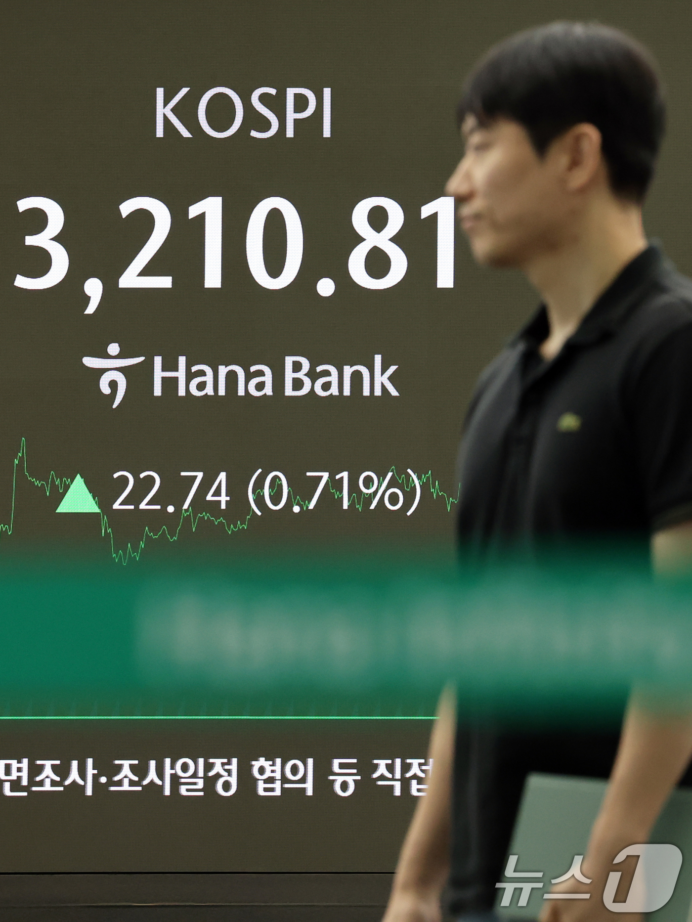 (서울=뉴스1) 황기선 기자 = 21일 오후 서울 중구 하나은행 본점 딜링룸 전광판에 증시 종가가 표시되고 있다.이날 코스피 지수는 전 거래일 대비 22.74p(0.71%) 오른 …
