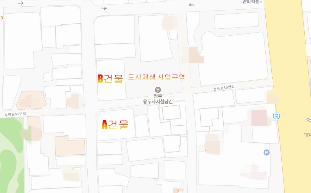 본문 이미지 - 청주시가 전체 매입비를 초과해 사들인 A 건물과 번영회에서 추천하려 했던 B 건물.&#40;네이버지도 갈무리&#41; 