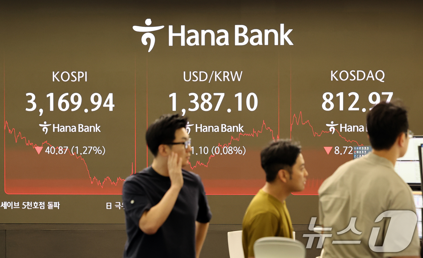 (서울=뉴스1) 황기선 기자 = 22일 오후 서울 중구 하나은행 본점 딜링룸 전광판에 증시 종가가 표시되고 있다.이날 코스피 지수는 전 거래일 대비 40.87p(1.21%) 내린 …