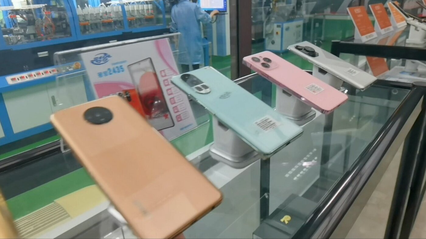 Pyongyang series of smartphones on display at a North Korean mobile phone manufacturing factory. &#40;Photo courtesy of Chinese social media Xiaohongshu&#41;