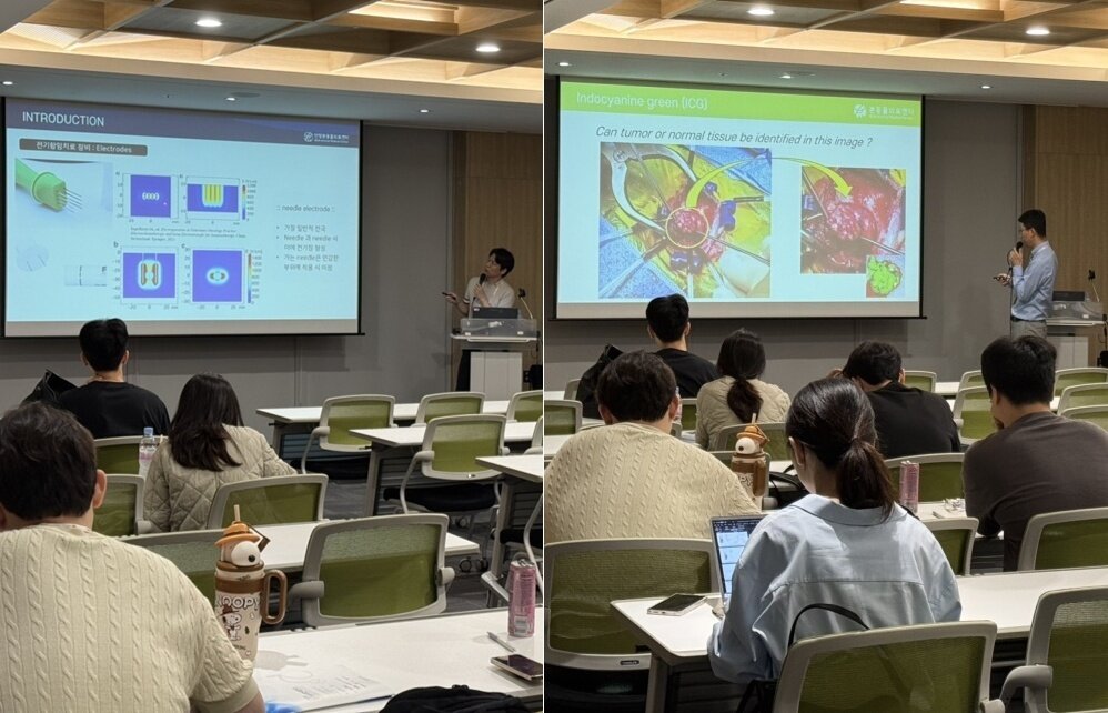 본문 이미지 - 2025경기수의콘퍼런스에서 특이 증례 발표하는 김기웅 원장(왼쪽)과 최규석 원장(동물병원 제공) ⓒ 뉴스1