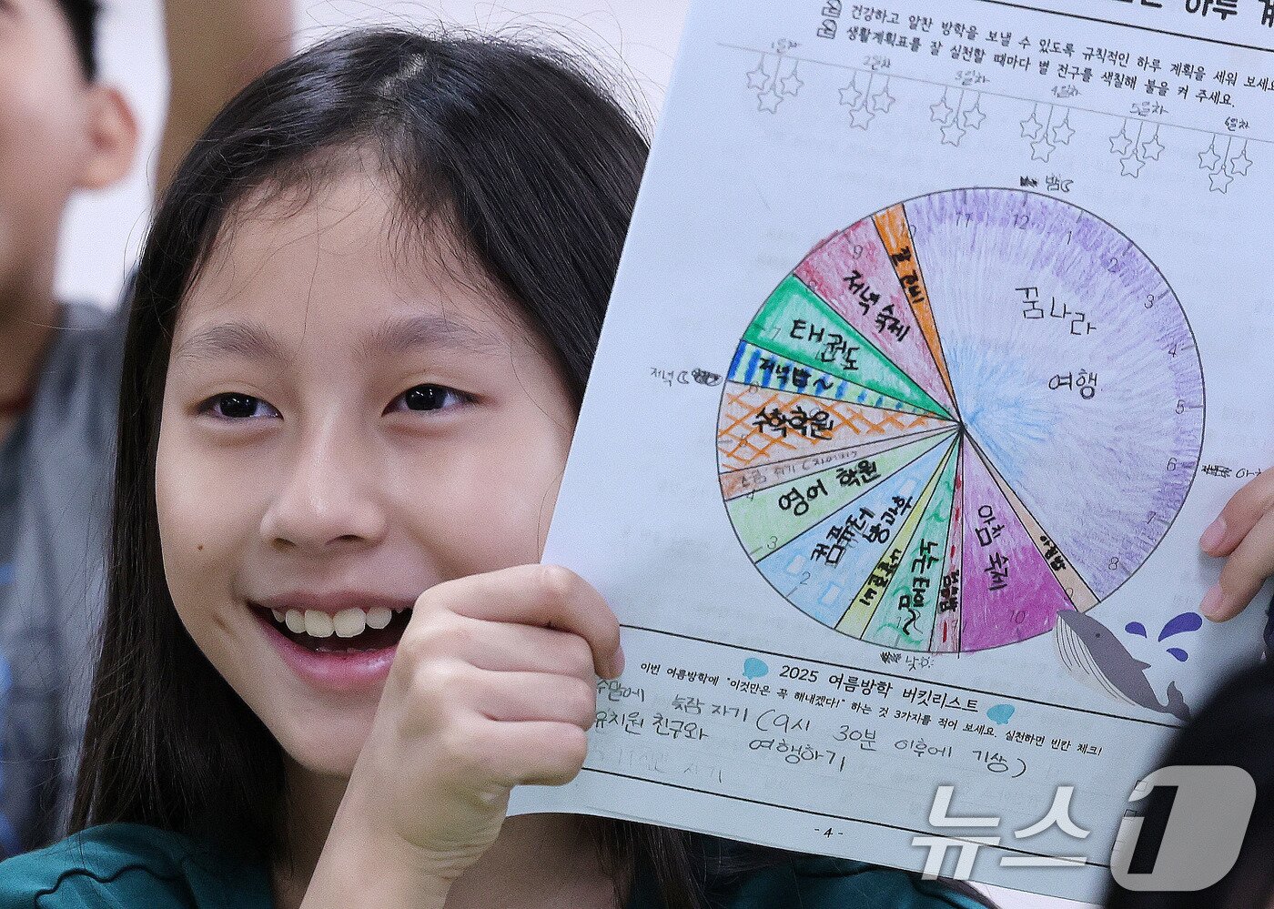 본문 이미지 - 23일 서울 동작구 삼일초등학교에서 열린 여름 방학식에서 학생들이 여름방학 계획표를 들어보이며 기뻐하고 있다. 2025.7.23/뉴스1 ⓒ News1 박지혜 기자