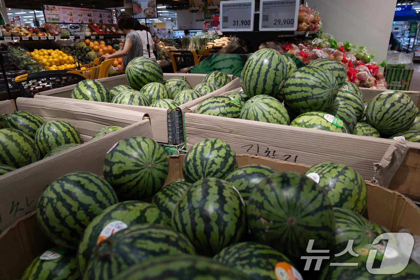 본문 이미지 - 서울 시내의 한 대형 마트에 수박이 진열돼 있다. 2025.7.23/뉴스1 ⓒ News1 이승배 기자