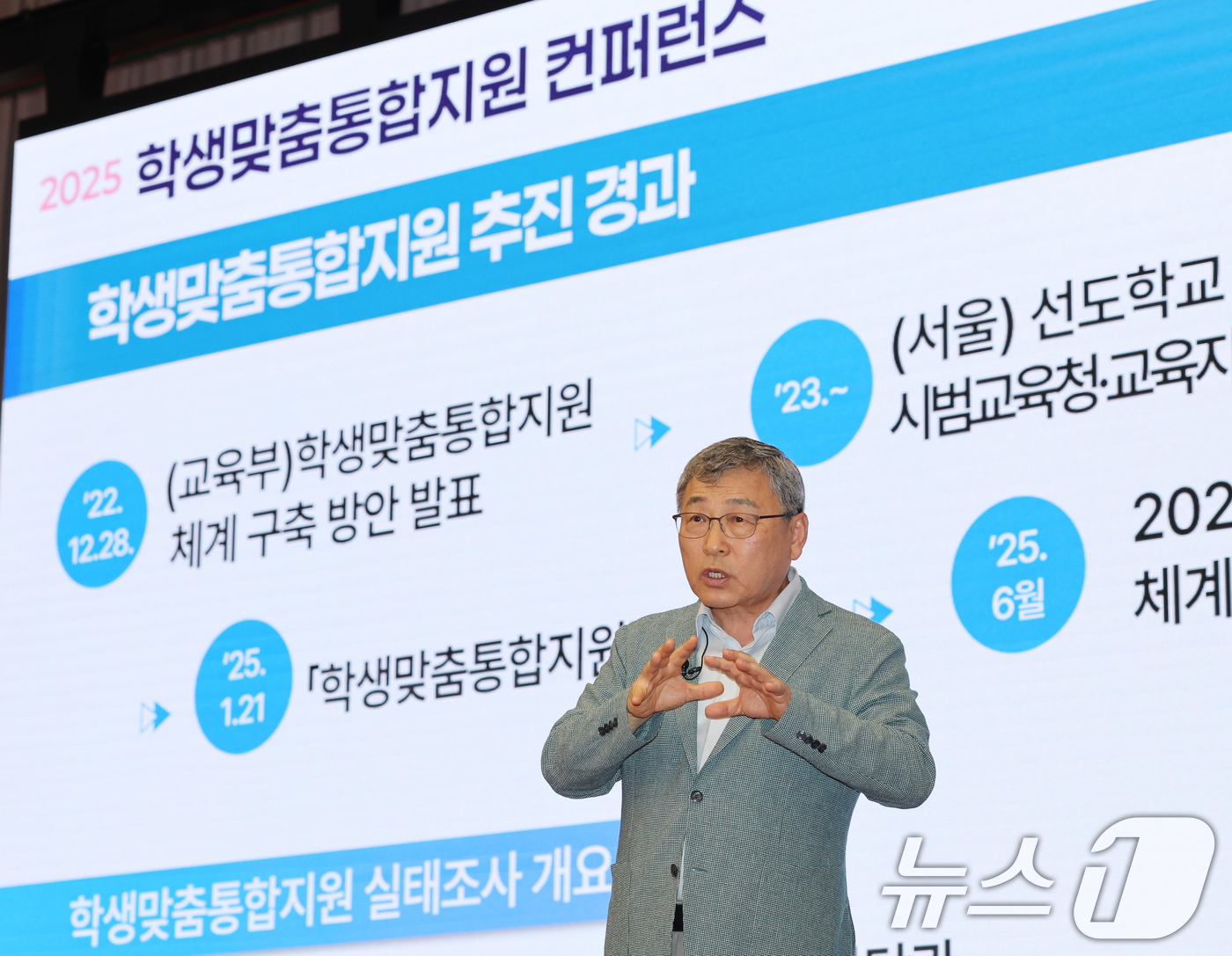 (서울=뉴스1) = 정근식 서울시교육감이 23일 서울 광진구 세종대학교 컨벤션센터에서 열린 '2025 학생맞춤통합지원 컨퍼런스'에서 '학생맞춤통합지원과 협력교육'을 주제로 특별강연 …