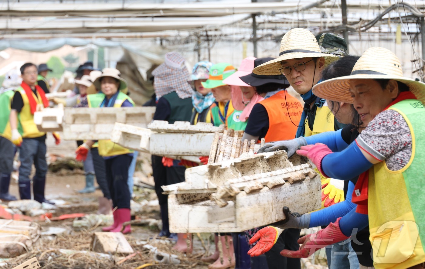 (대전=뉴스1) = 대전 동구 자원봉사자들이 23일 충남 예산군 수해복구 현장에서 봉사활동을 하고 있다.(대전 동구 제공. 재판매 및 DB금지) 2025.7.23/뉴스1
