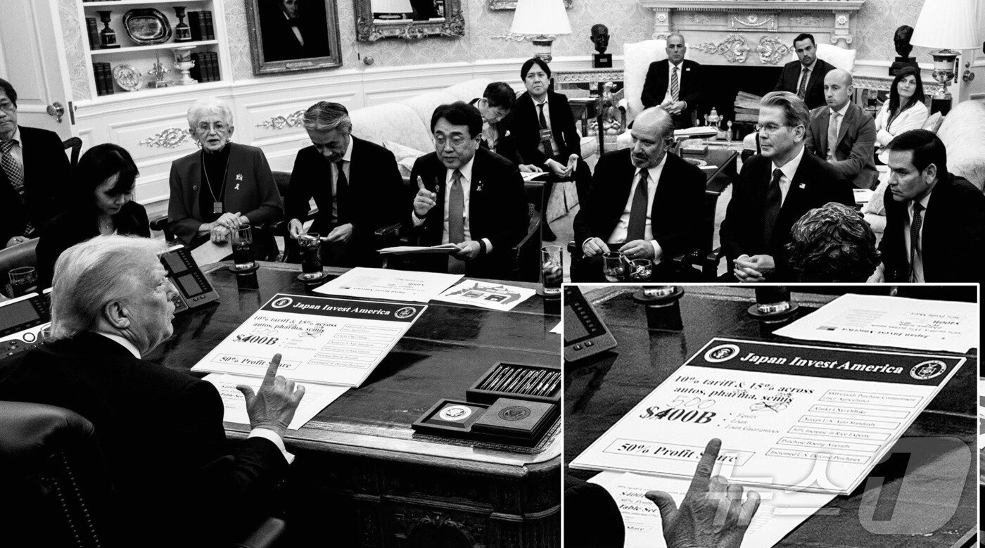 본문 이미지 - 도널드 트럼프 미국 대통령이 백악관 집무실에서 23일&#40;현지시간&#41; 아카자와 료세이 일본 경제재생상 등 일본의 무역대표단과 협상하고 있다. 트럼프 책상 위에는 일본의 대미 투자 계획 명칭인 &#39;재팬 인베스트 아메리카&#39;라는 제목의 패널이 놓여있는데, &#39;4000억달러&#39;라고 인쇄된 숫자 위에 손글씨로 &#39;5000억달러&#39;라고 쓴 것이 보인다. &#40;댄 스카비노 백악관 부비서실장 X, 재판매 및 DB금지&#41; /뉴스1