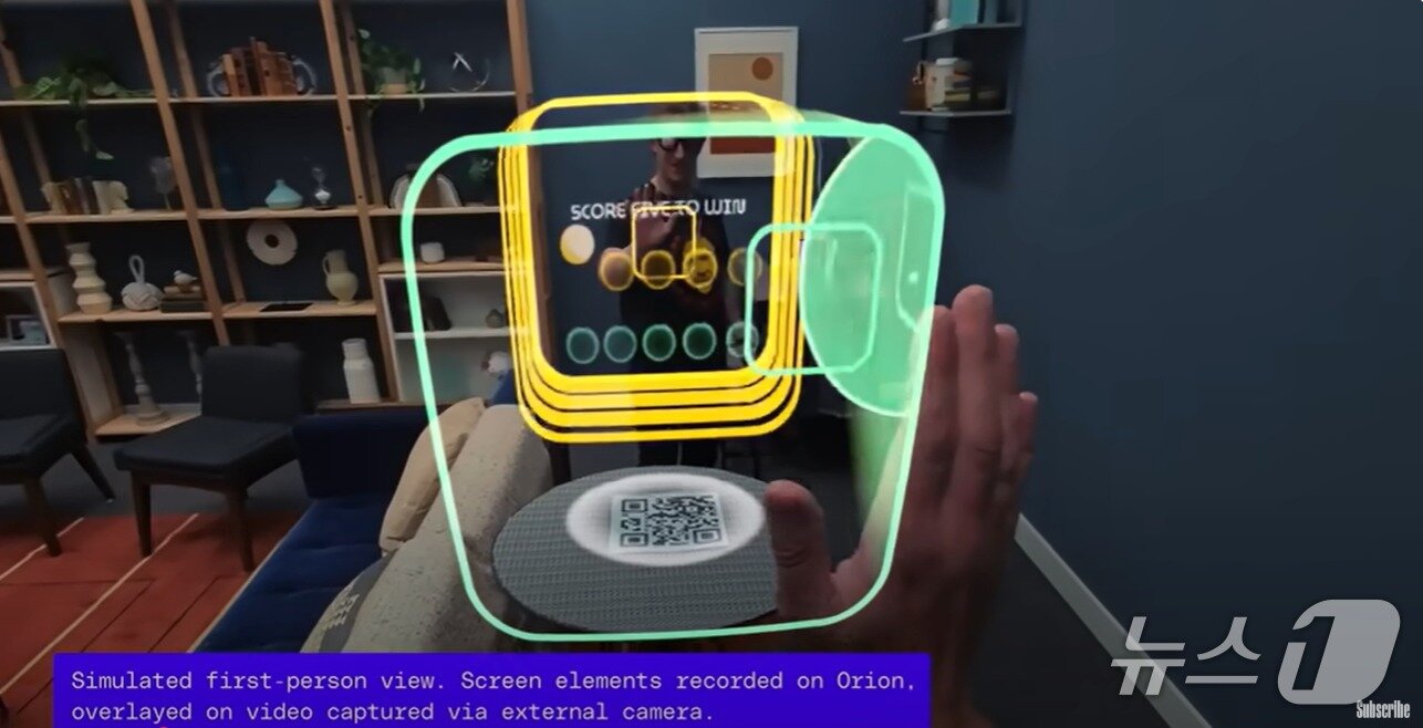 Screenshot of Meta CEO Mark Zuckerberg demonstrating AR glasses + wristband in September 2024