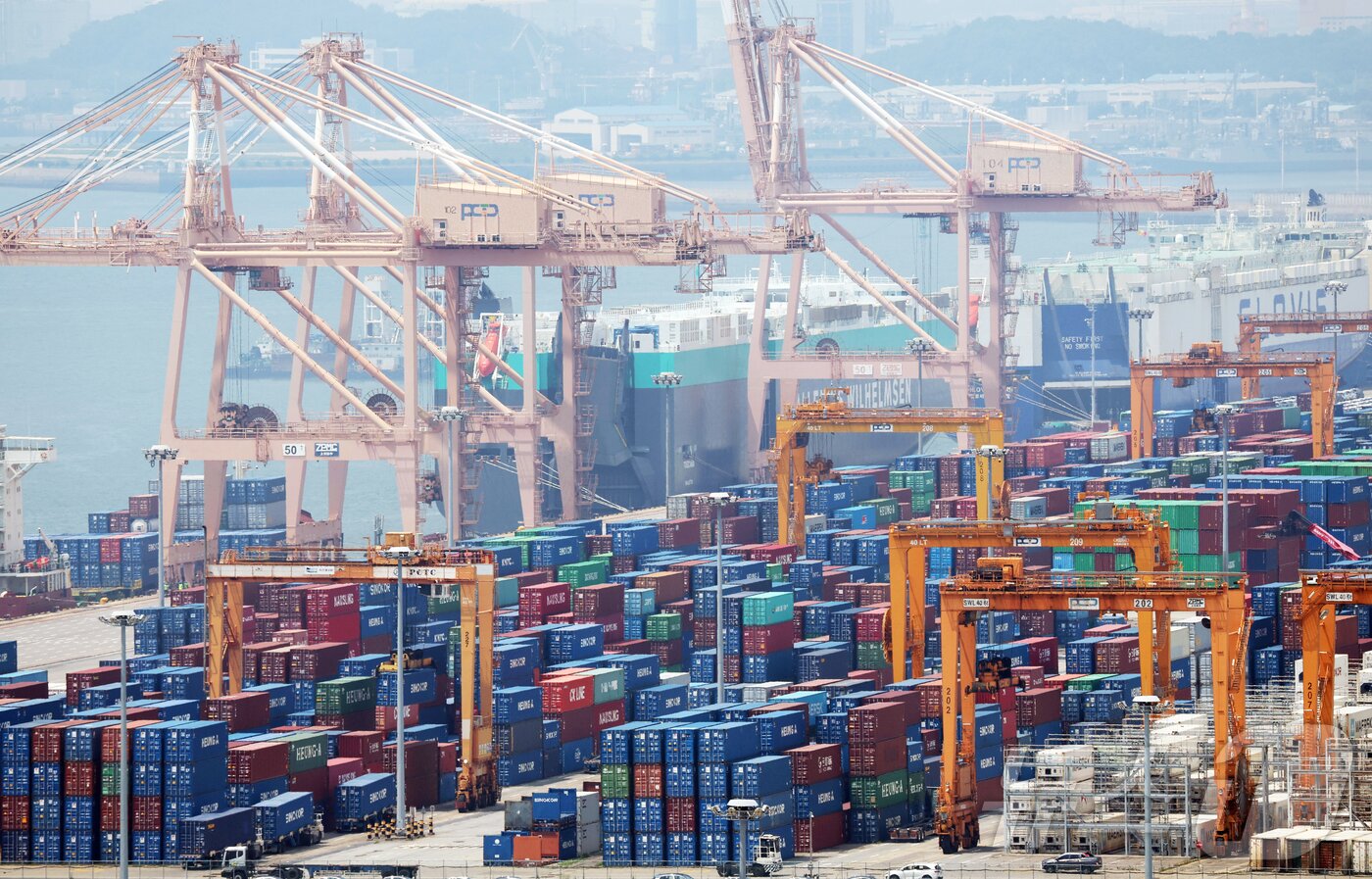 본문 이미지 - 사진은 경기 평택시 포승읍 평택항에 수출용 컨테이너들이 세워져 있는 모습. 2025.7.24/뉴스1 ⓒ News1 김영운 기자