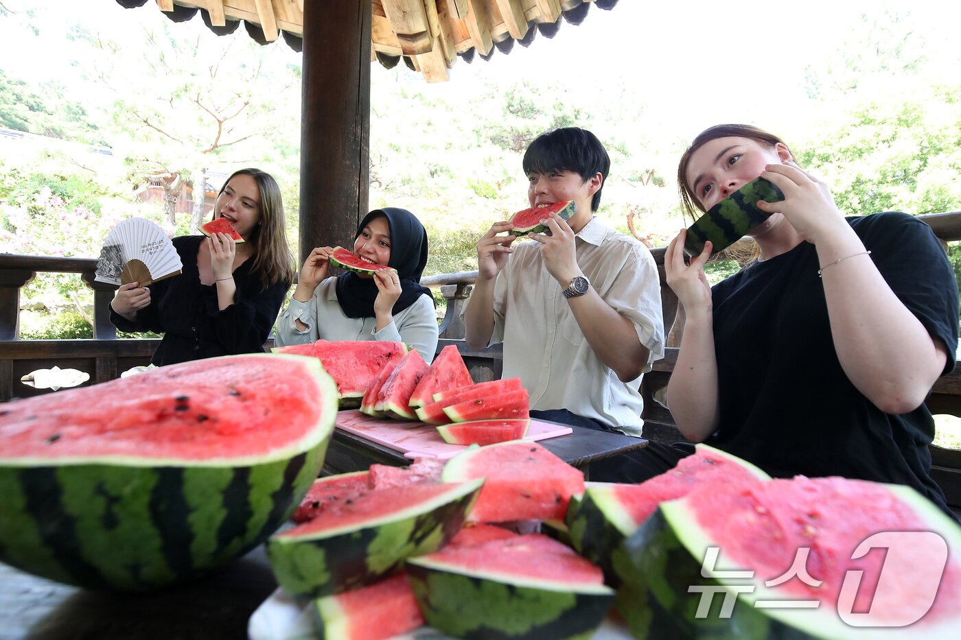 본문 이미지 -  24일 오후 대구 달서구 계명대 성서캠퍼스 한학촌에서 열린 &#39;외국인 유학생 여름나기&#39; 행사에 참여한 학생들이 친구들에게 보여줄 수박 먹방을 선보이고 있다. 2025.7.24/뉴스1 ⓒ News1 공정식 기자
