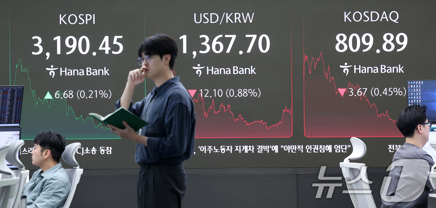 (서울=뉴스1) 김성진 기자 = 24일 오후 서울 중구 하나은행 본점 딜링룸 전광판에 증시 종가가 표시되고 있다.이날 코스피는 전일 종가와 비교해 6.68포인트(p)(0.21%) …
