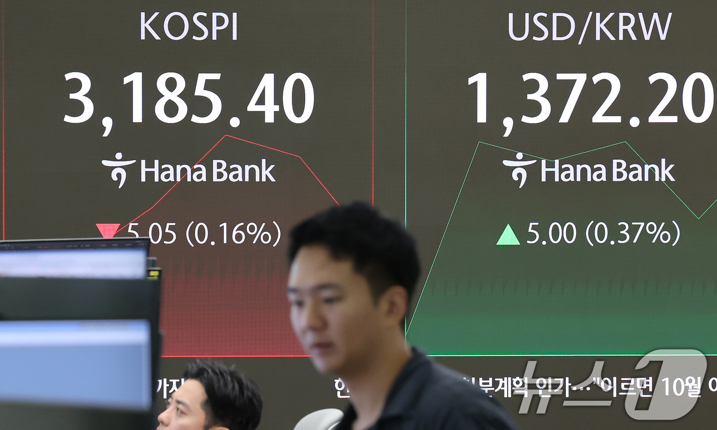 (서울=뉴스1) 장수영 기자 = 25일 오전 서울 중구 하나은행 딜링룸에 코스피와 원달러 환율이 표시 되고 있다.이날 코스피는 6.08p(0.19%) 내린 3184.37로 출발, …