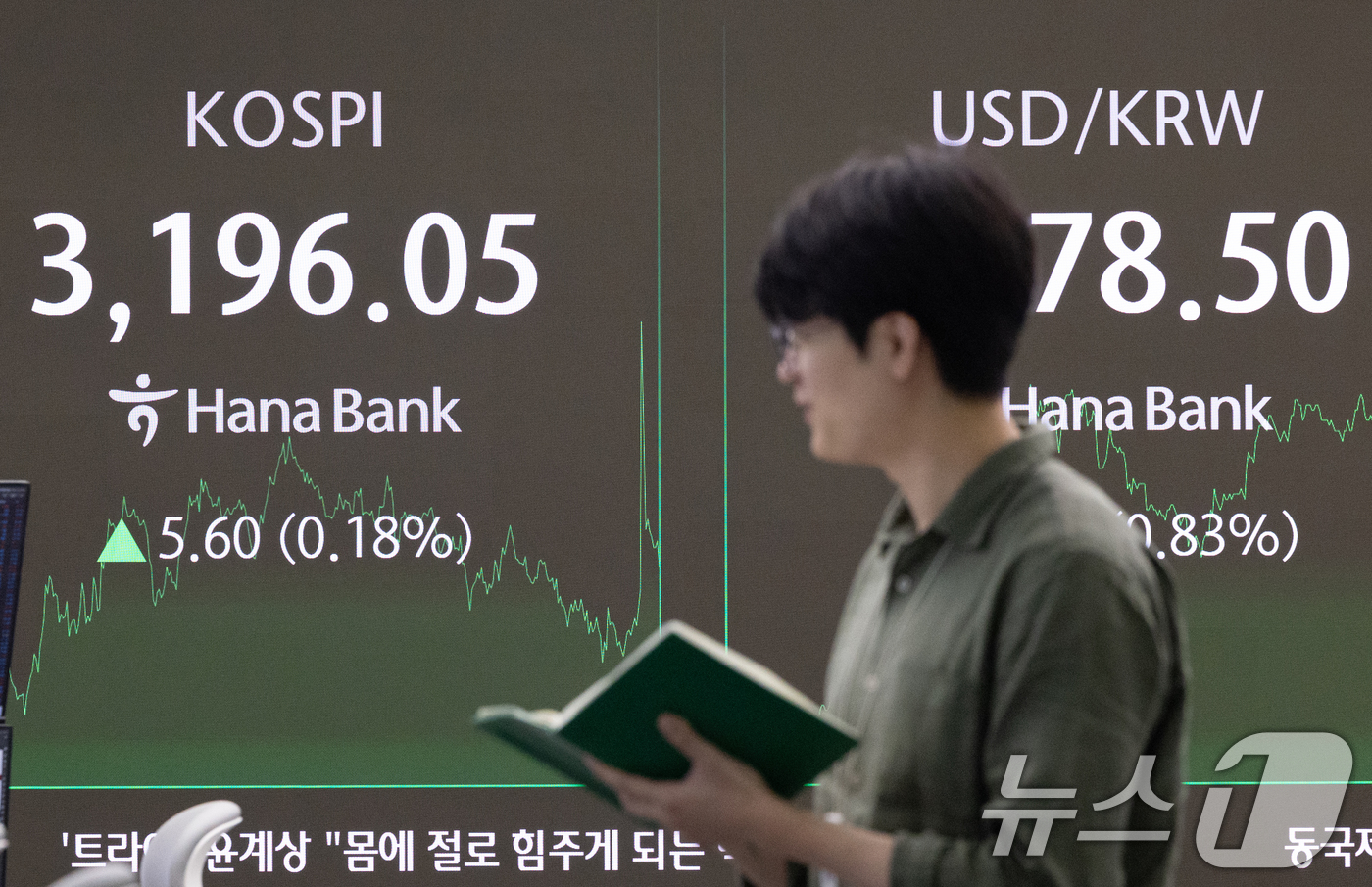 (서울=뉴스1) 이승배 기자 = 25일 오후 서울 중구 하나은행 본점 딜링룸 전광판에 종가가 표시돼 있다.이날 코스피 지수는 전 거래일 대비 5.60p(0.18%) 오른 3,196 …
