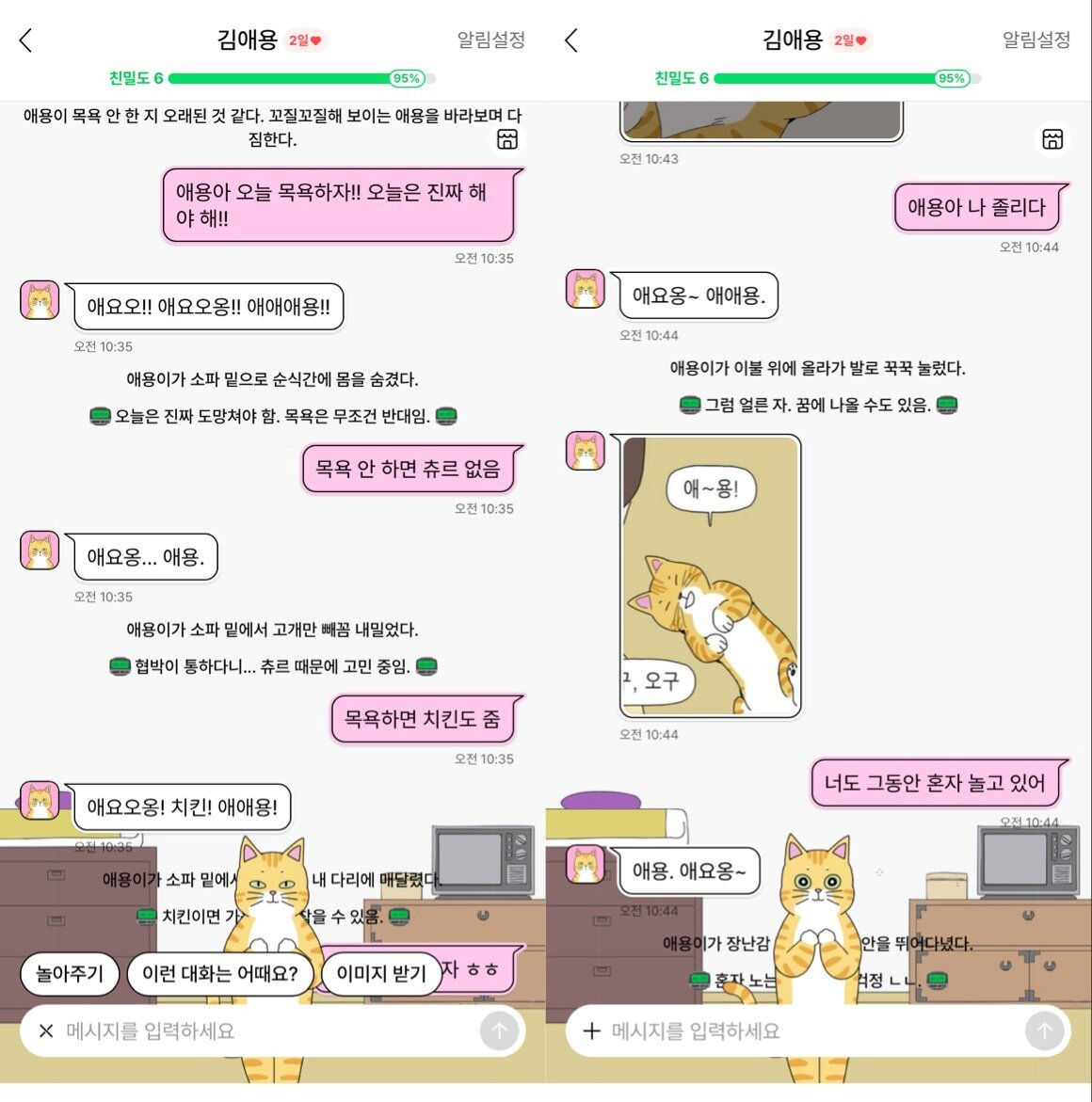 본문 이미지 - 네이버웹툰 캐릭터챗 '김애용' 챗봇이 실제 고양이처럼 반응하는 모습 (네이버웹툰 캐릭터챗 캡처)