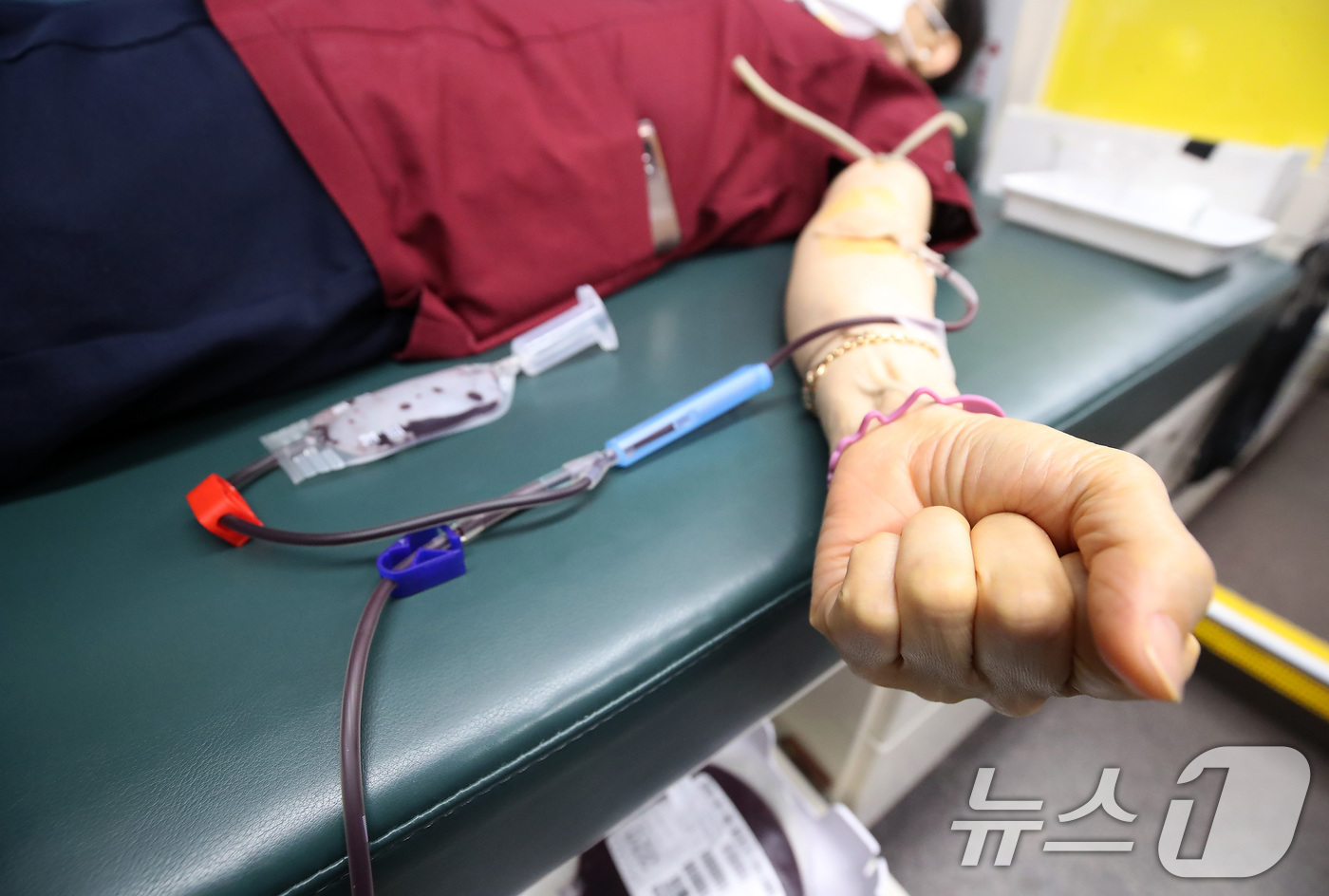 (대구=뉴스1) 공정식 기자 = 25일 오후 대구 중구 곽병원에서 열린 '사랑의 헌혈, 생명 나누기' 행사에서 간호사가 헌혈에 동참하고 있다. 2025.7.25/뉴스1