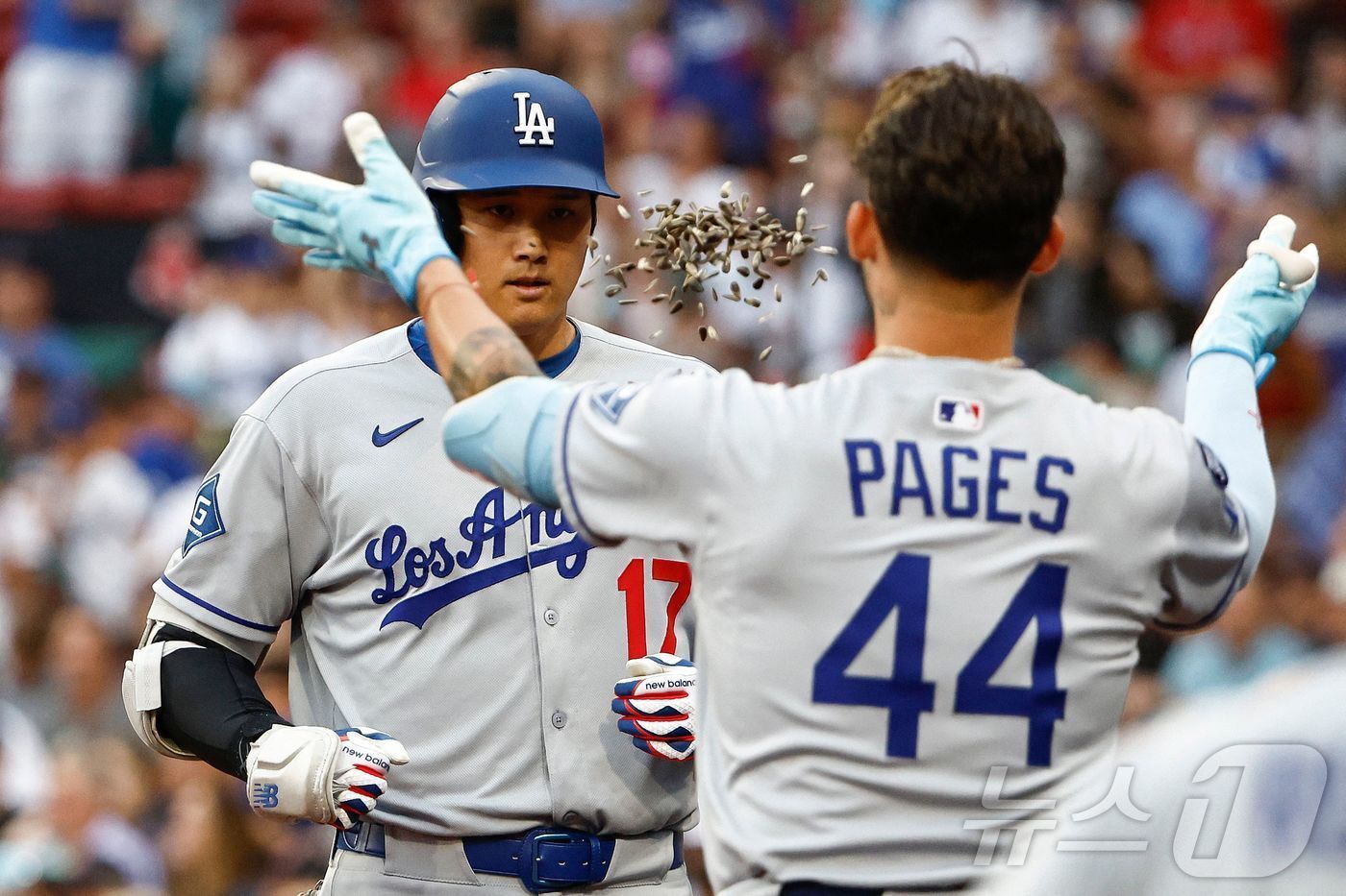 본문 이미지 - LA 다저스 오타니 쇼헤이가 27일(한국시간) 열린 2025 메이저리그 보스턴 레드삭스전에서 시즌 38호 홈런을 터뜨렸다. ⓒ AFP=뉴스1