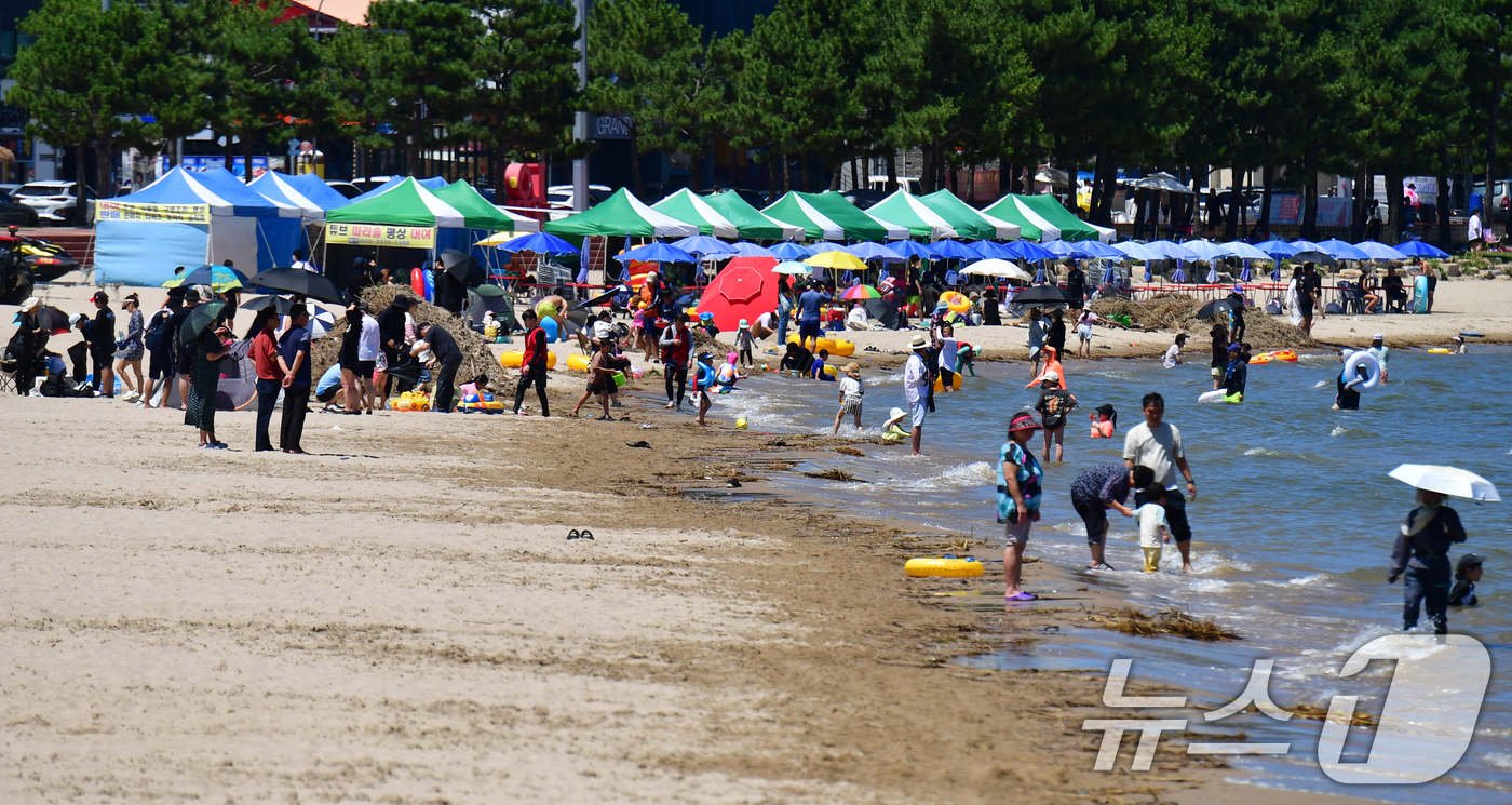 (포항=뉴스1) 최창호 기자 = 27일 경북 포항시 전역에 폭염특보가 발령된 가운데 북구 영일대헤수욕장에서 피서객들이 더위를 식히고 있다. 2025.7.27/뉴스1