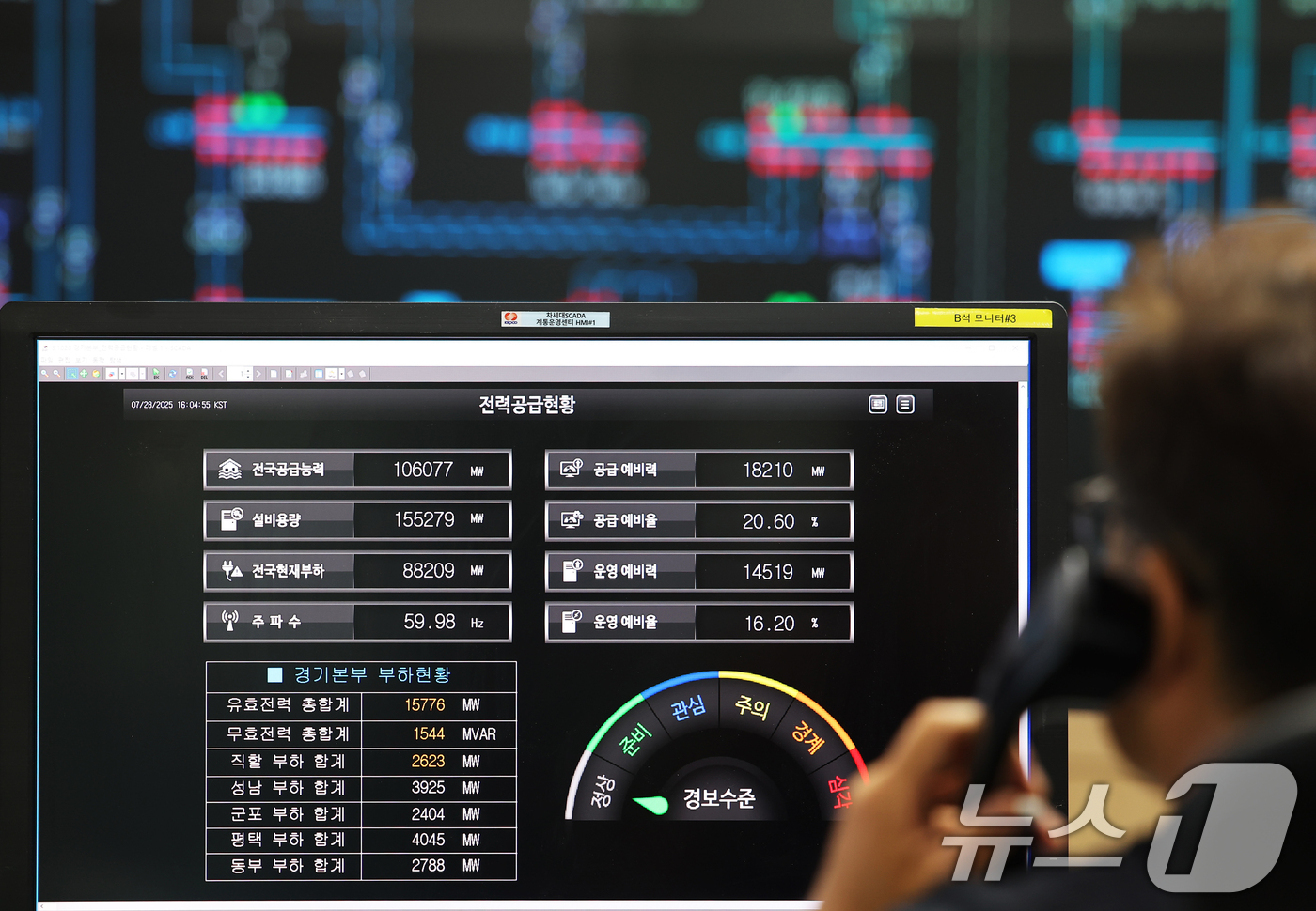 (수원=뉴스1) 김영운 기자 = 폭염이 이어지며 전력 수요가 급증하고 있는 28일 오후 경기 수원시 영통구 한국전력공사 경기본부 전력관리처 계통운영센터에서 관계자들이 전력수급상황을 …
